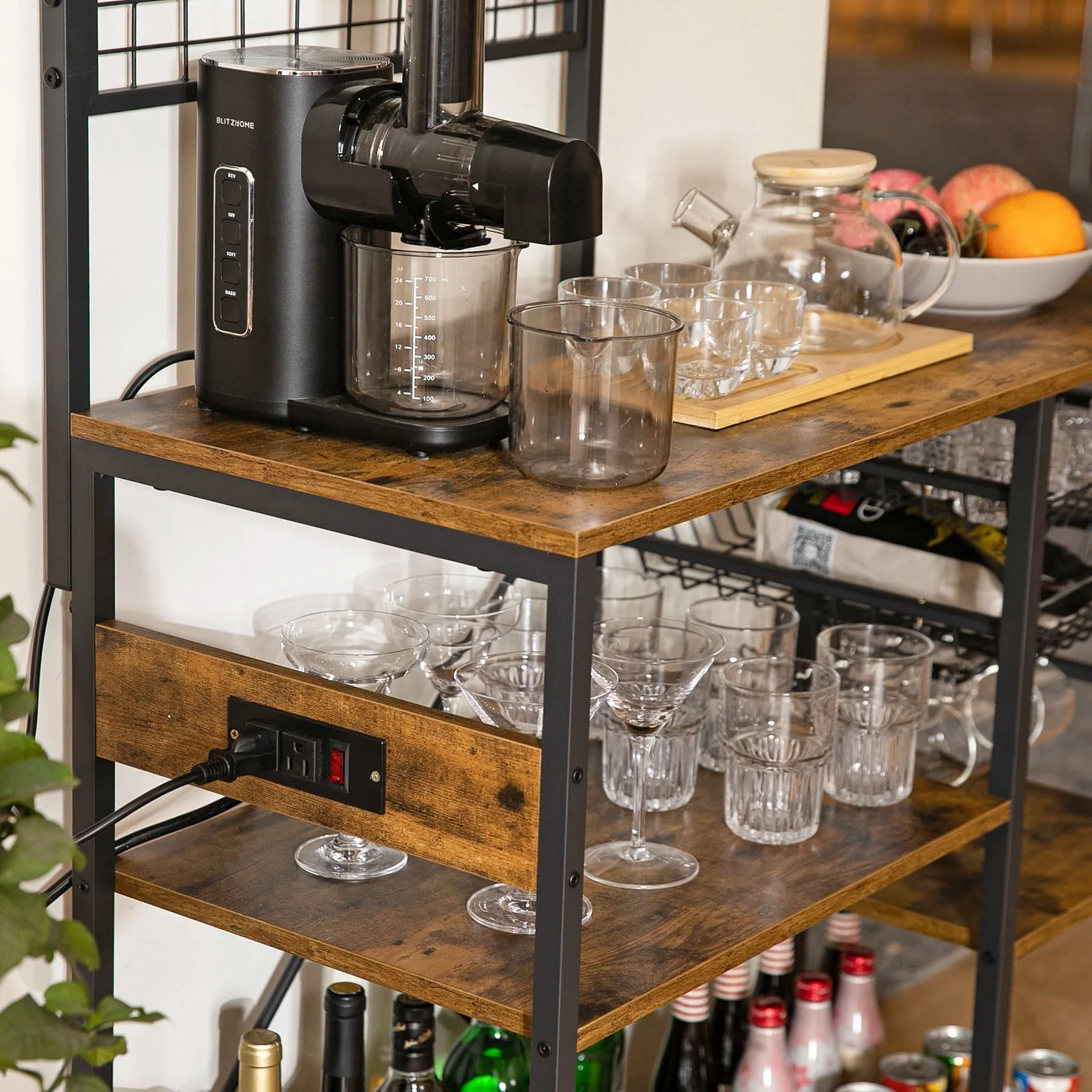 Dinaza Bakers Rack with Power Outlet 4/5 Tier Microwave Stand with Kitchen Storage Shelf Rack Mug Holder 10 S-Shaped Hooks for Kitchen Living Room Coffee Bar Station
