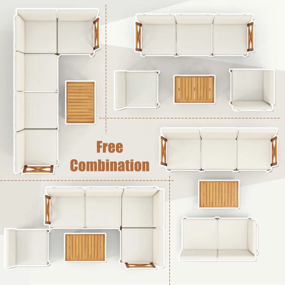 Kepooman Outdoor Conversation Sets,Patio Furniture Sets,6 Pieces Acacia Wood Patio Furniture Set with Cushions and 2-Tier Coffee Table-White
