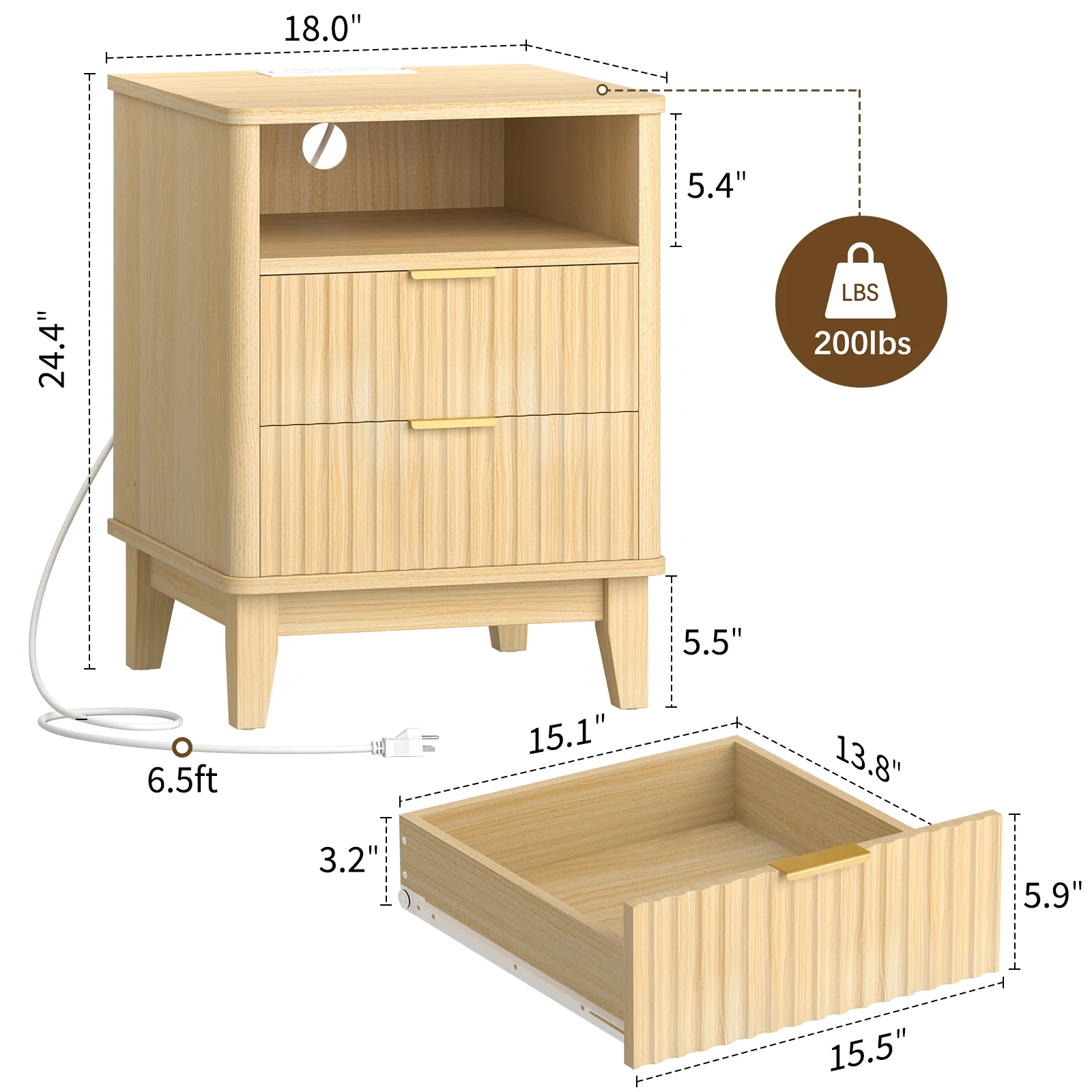 Night Stand with Charger Station, Fluted Nightstand with 2 Drawers and Storage Shelf, Mid Century Modern End Table for Bedroom Living Room,Natural