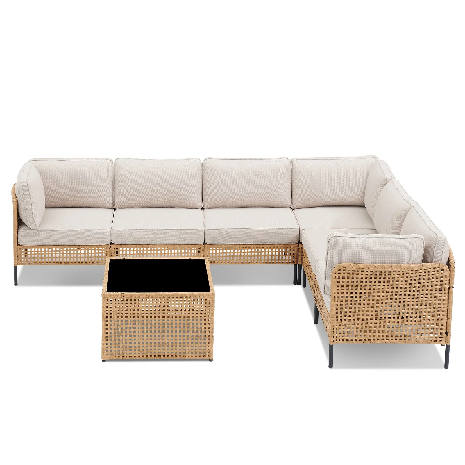 PPorfamilia Outdoor Modular Sectional Furniture Set, 7 Piece Natural PE Rattan Sofa Set with 2 Corner Chairs, 4 Middle Chairs, Side Table, and Beige Deep Seat Cushions, for Patio Backyard Deck