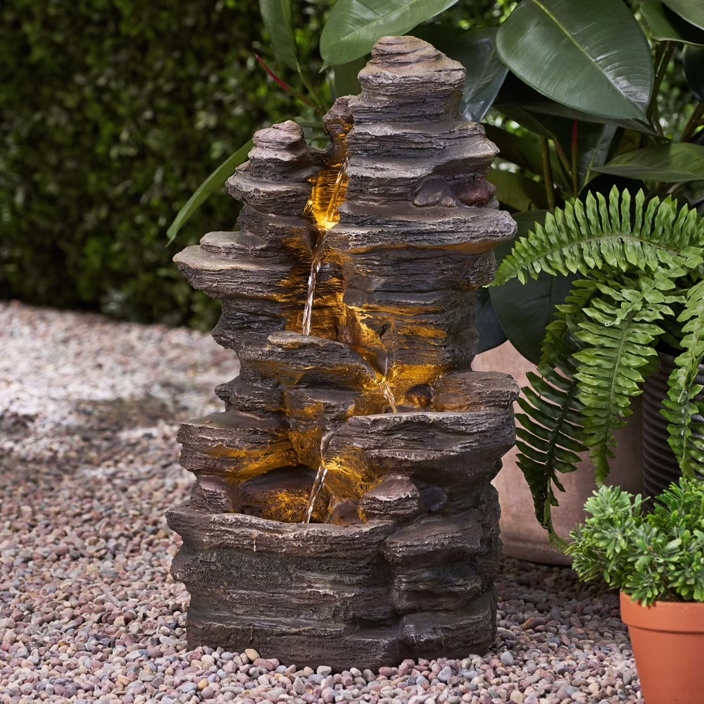 Holaki 23.5" H Outdoor Fountain,4-Tire Waterfall Flow Floor Fountain with LED Light for Patio,Gadern,Backyard,Art Home Decoration,Light Brown