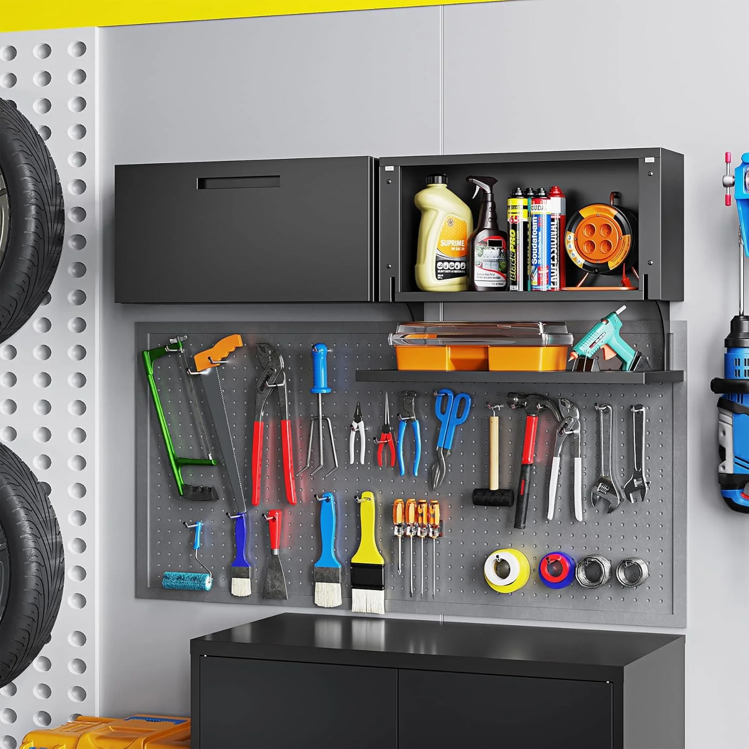 Metal Wall Storage Cabinet with Lock 2 Shelving Garage Storage Cabinet with Flip-Up Door Hanging Garage Cabinet for Kitchen Home Workshop,Assembly Required (Black Gray, 21.6''H)