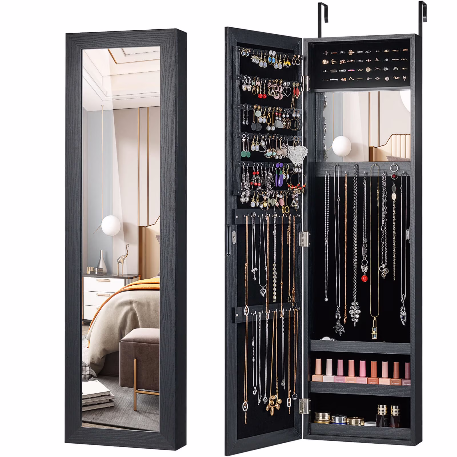 Costway Wall Door Mounted Mirrored Jewelry Cabinet Storage Organizer-Black