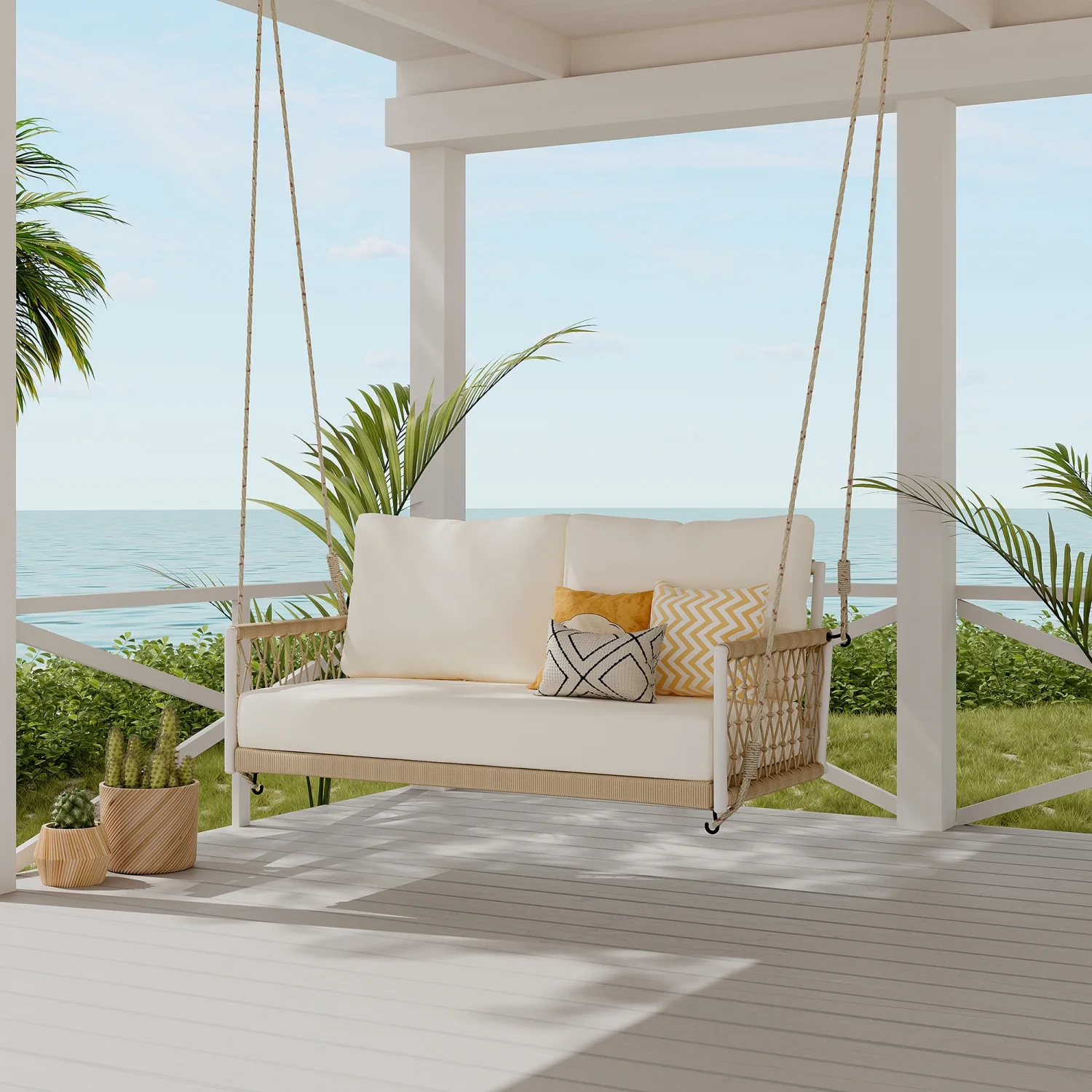 Harper & Bright Designs PE Ratten Porch Swing Chair, 2-Seater Hanging Swing Bench with Chains, All Weather Design Patio Furniture Swing for Backyard Garden Poolside, Grey and White