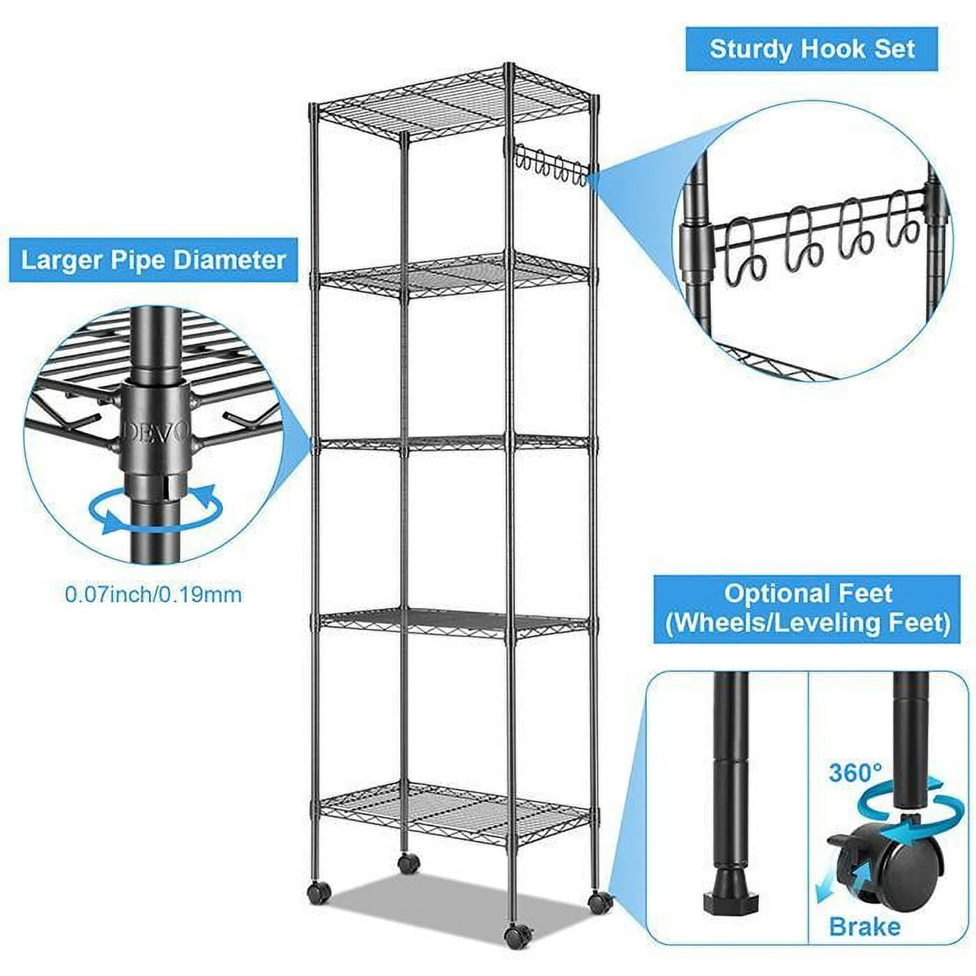 5-Tier 600 lbs Carrying Capacity Wire Shelf 72" Steel Shelf Tier Height Adjustable Metal Racks with 4 Wheels & 4 Hooks for Garage Kitchen Storage Organizer Shelving Unit
