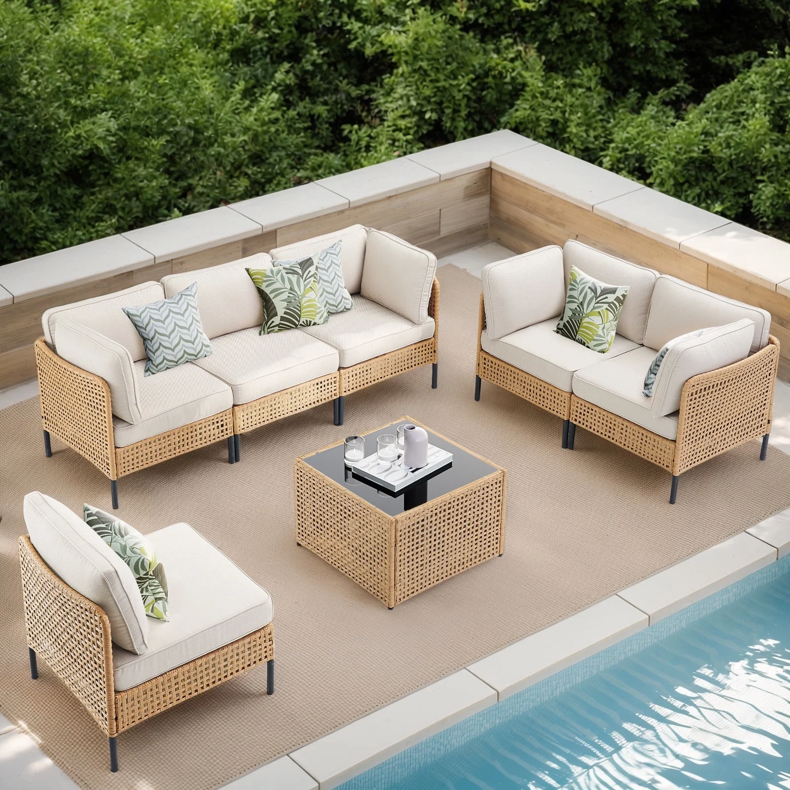 PPorfamilia Outdoor Modular Sectional Furniture Set, 7 Piece Natural PE Rattan Sofa Set with 2 Corner Chairs, 4 Middle Chairs, Side Table, and Beige Deep Seat Cushions, for Patio Backyard Deck
