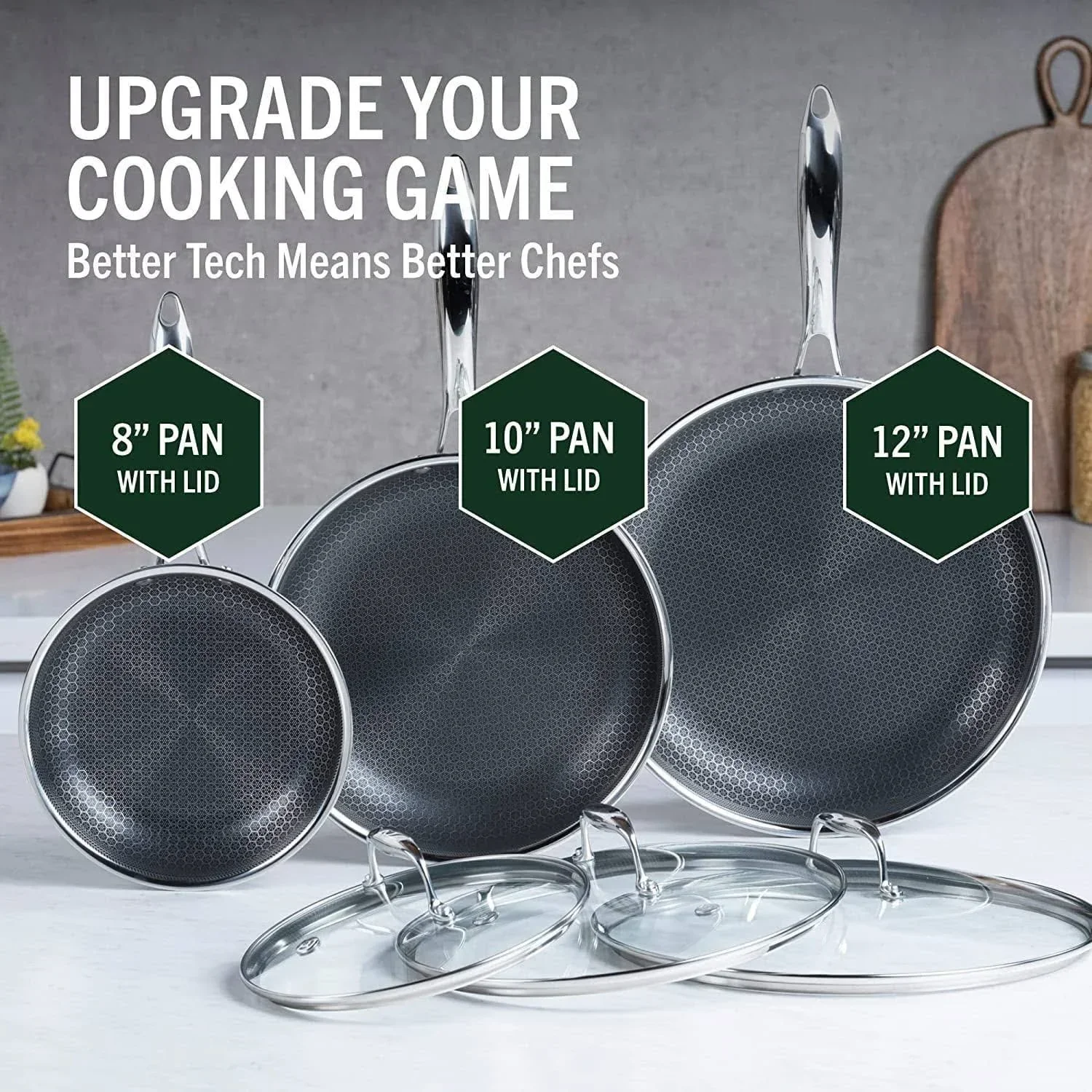 HexClad 6 Piece Hybrid Stainless Steel Cookware Pan Set 8 inch, 10 inch, 12 inch with Glass Lids, Size: One size, Black