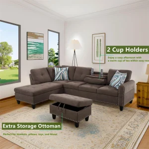 Aukfa 3 Piece Sectional Sofa, Living Room Couch with Storage Ottoman&Cup Holder, Linen, Right Hand, Purple