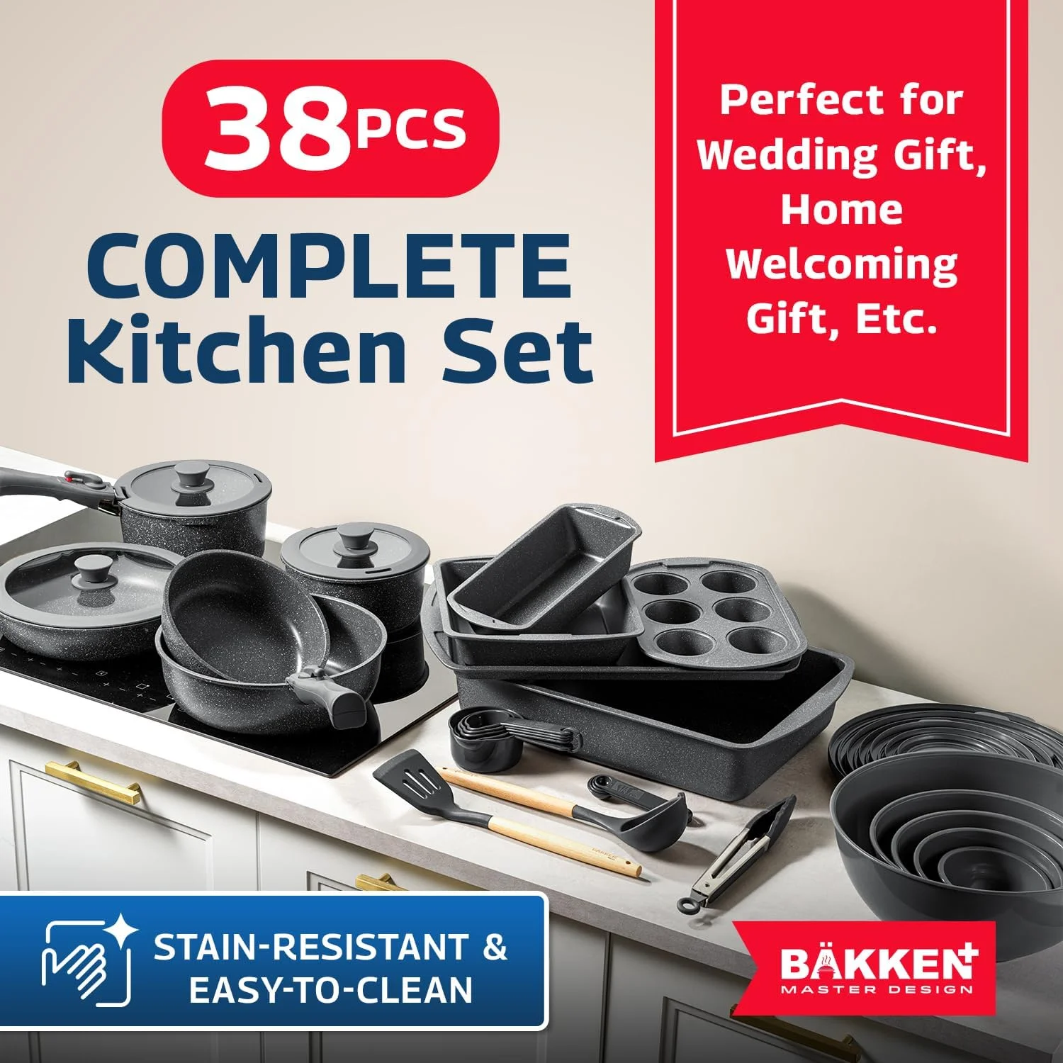 Bakken Master 38 Piece Granite Cookware and Bakeware Set -C Nonstick Granite Coating, Pots and Pans with Detachable Handles and Tempered Glass Lids, 6-piece Bakeware set, 12-piece Mixing Bowls,Brown