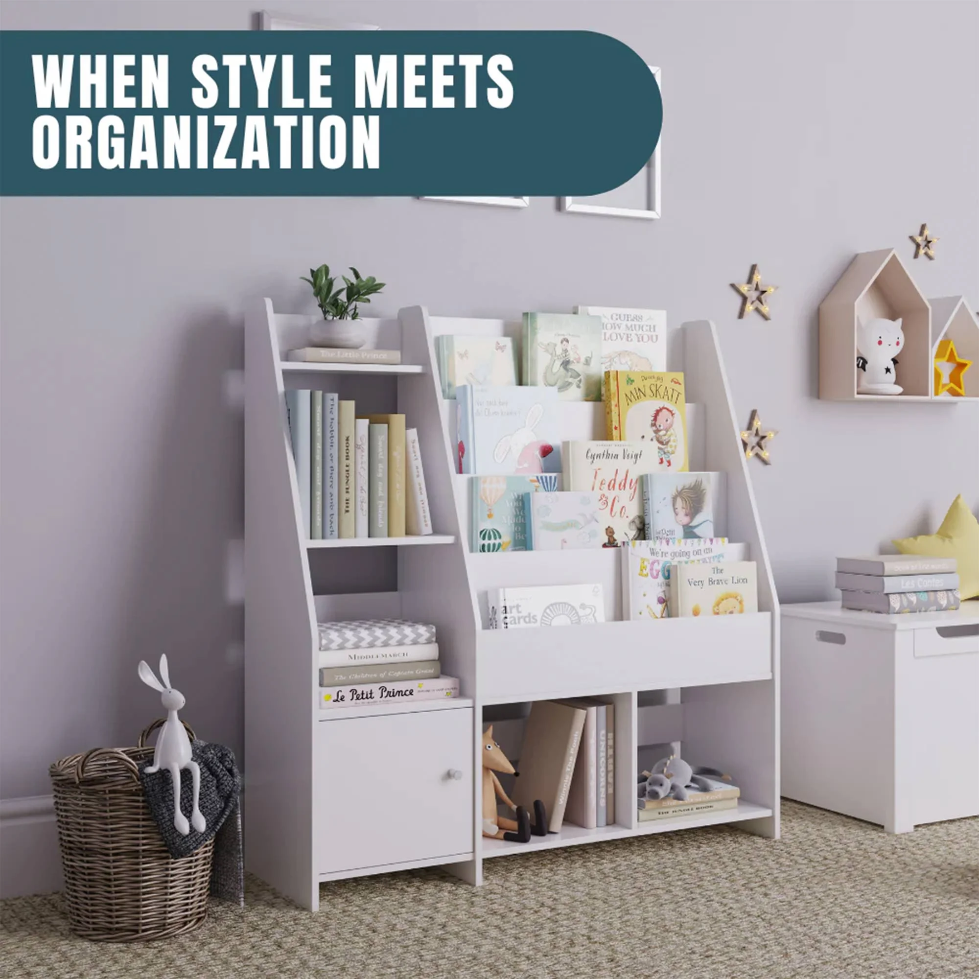 Sturdis Kids Toy Storage Organizer With Bookshelf and White Bins