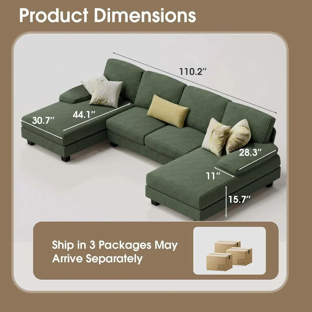 Furmax Sectional Couches for Living Room, U-Shaped Sofa Couch with Linen Fabric, 4 Seat Sofa Set with Double Chaise for Apartment (Fabric, Grey)