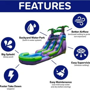 HeroKiddo 16' Purple Tropical Lightweight Premium Commercial Grade Water Slide Inflatable with Attached Pool for Kids and Adults (with Blower), Wet Dry Use, Summer Fun