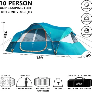 UNP Camping Tent 10-Person-Family Tents, Parties, Music Festival Tent, Big, Easy Up, 5 Large Mesh Windows, Double Layer, 2 Room, Waterproof, Weather Resistant, 18ft x 9ft x78in