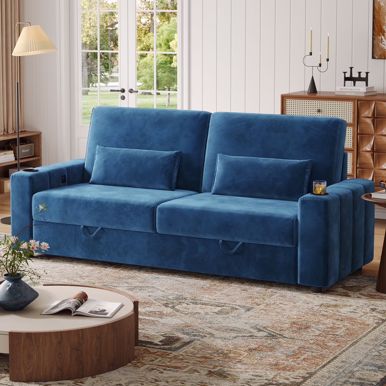87-Large Loveseat Sofa, 3 Seater Couch with Storage, Velvet Fabric Deep Seat Sofa with Pillow& Cup Holders, Modern Comfy Sofa with USB& Type-C Ports, Home Sofa Couch for Living Room Bedroom