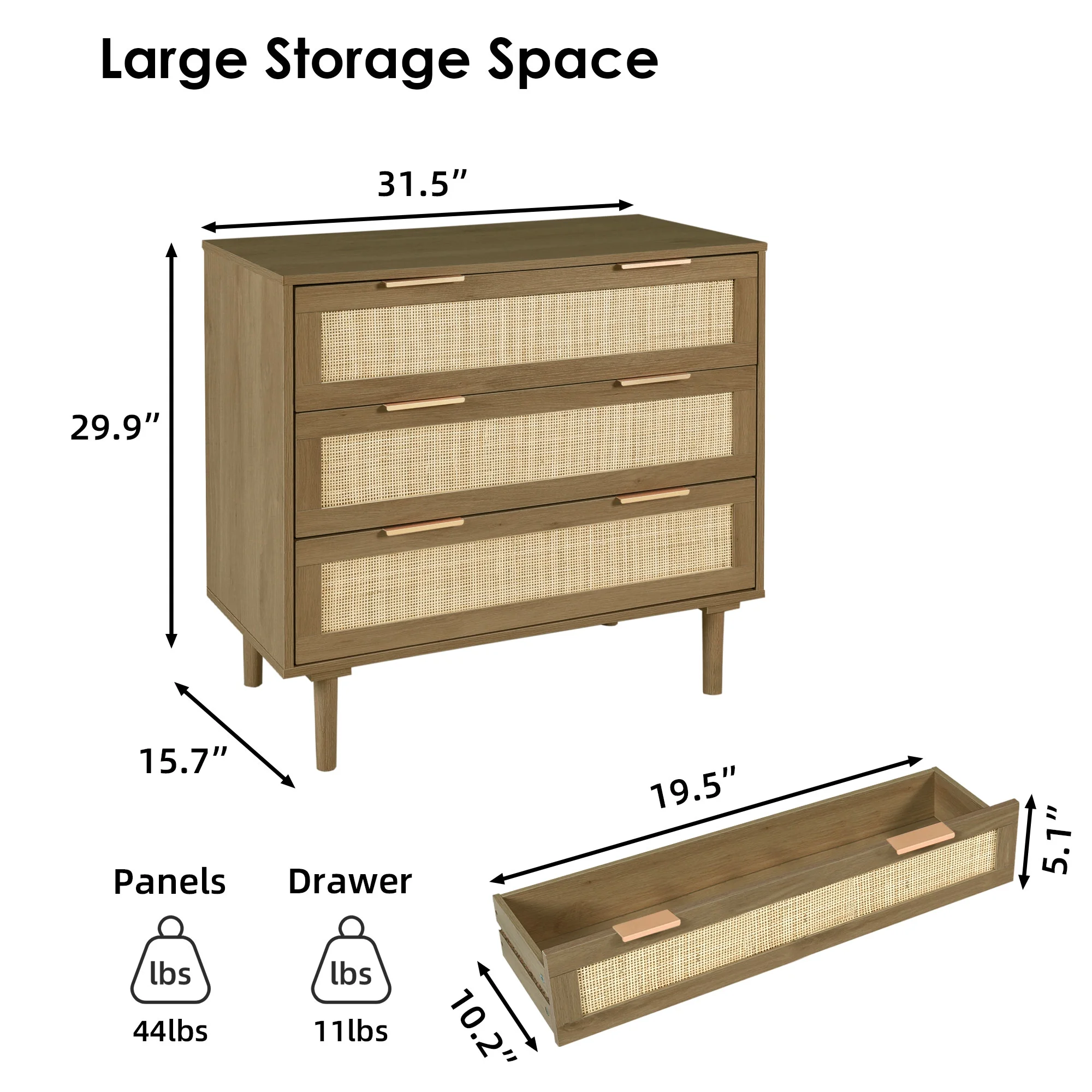LAZZO 3 Modern Drawer Dresser Rattan, Wooden Dresser Chest of Large Storage Cabinet