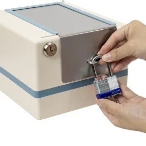 Tamper-proof automatic pill dispenser - metal safety lid with padlock