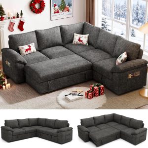 108 Inch Sectional Sleeper Sofa with Pull Out Bed, U Shaped 7 Seat Modular Sectional Sofa
