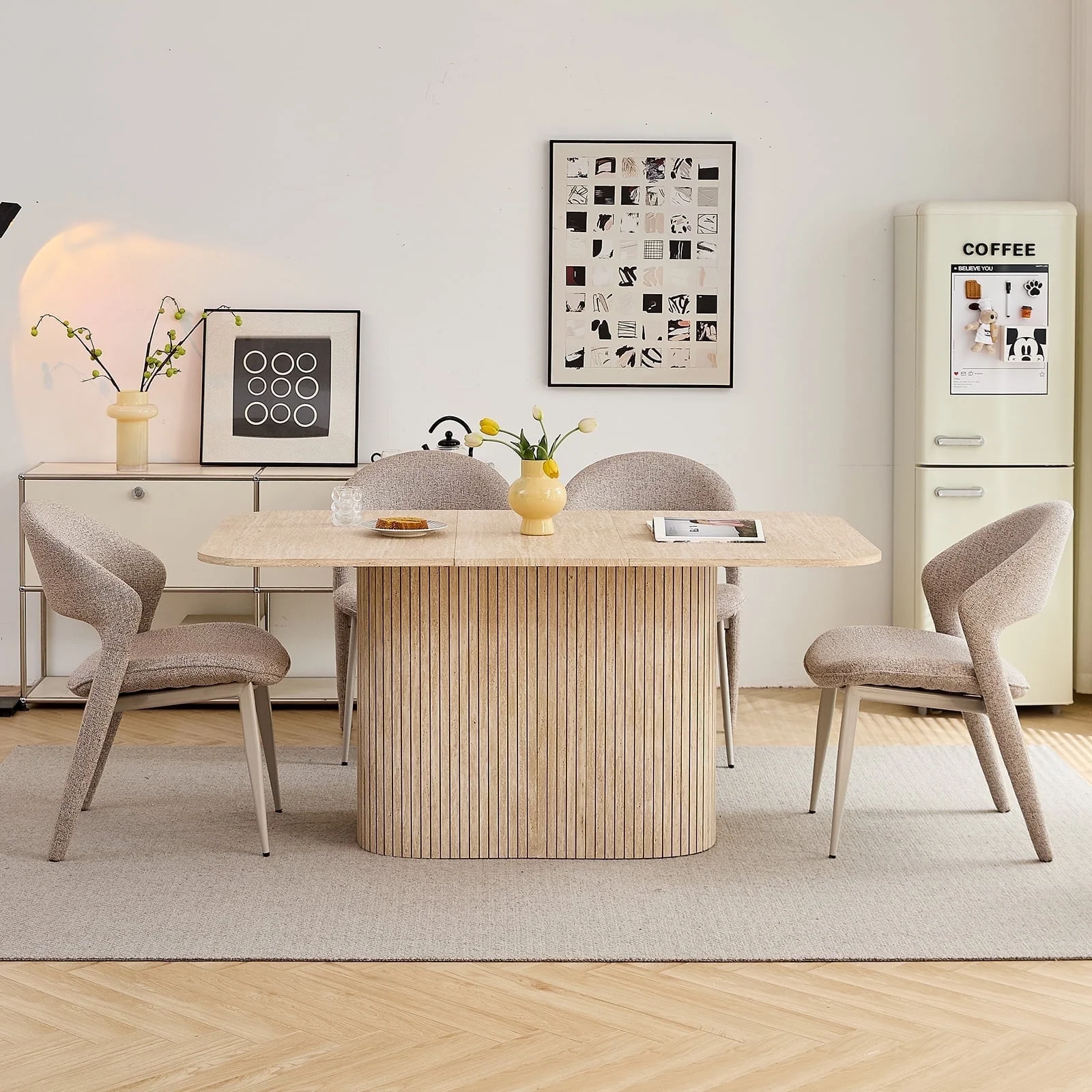 HJhomeheart 63" Rectangle Dining Table for 4 6 Person, Rounded Corners, Wood Strip Pedestal Base, Rustic Farmhouse Modern Breakfast Dinner Kitchen Table
