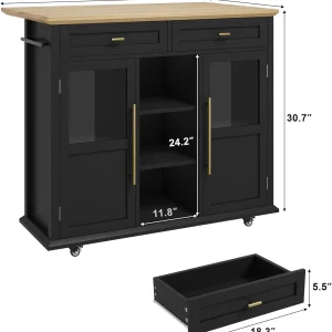 WALYWIK Foldable Kitchen Island Cart with Wheels, 2 Glass Doors, Spice Rack & Towel Holder -C Compact Mobile Storage Cart for Small Kitchens, Dining Rooms, Camping & RVs - Grey