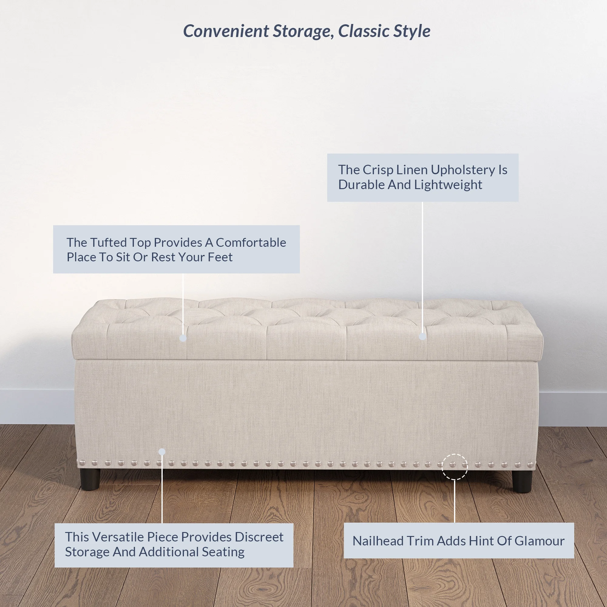 BELLEZE 35 Inch Storage Ottoman, Button-Tufted Ottoman Linen Storage Bench with Safety Close Hinge, Ottoman with Storage for Living Room, Entryway, Hallway, Foot Rest, Support 300lbs - Dark Grey