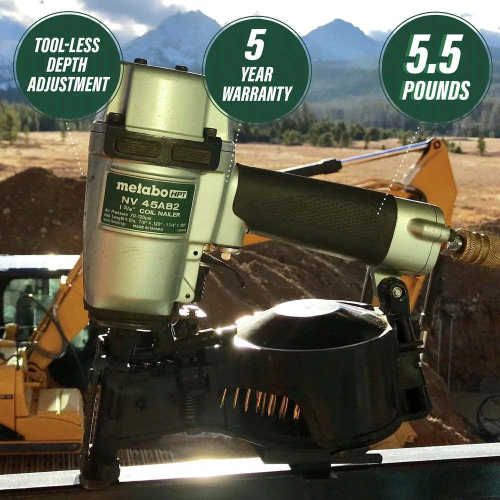 Metabo HPT Roofing Nailer, Pro-preferred Pneumatic Power Nailers in Roofing tools, Pneumatic Roofing Nailer for Asphalt Roofing Shingles, Nailer 16 Degree 7/8- to 1-3/4- Roofing Nails, NV45AB2