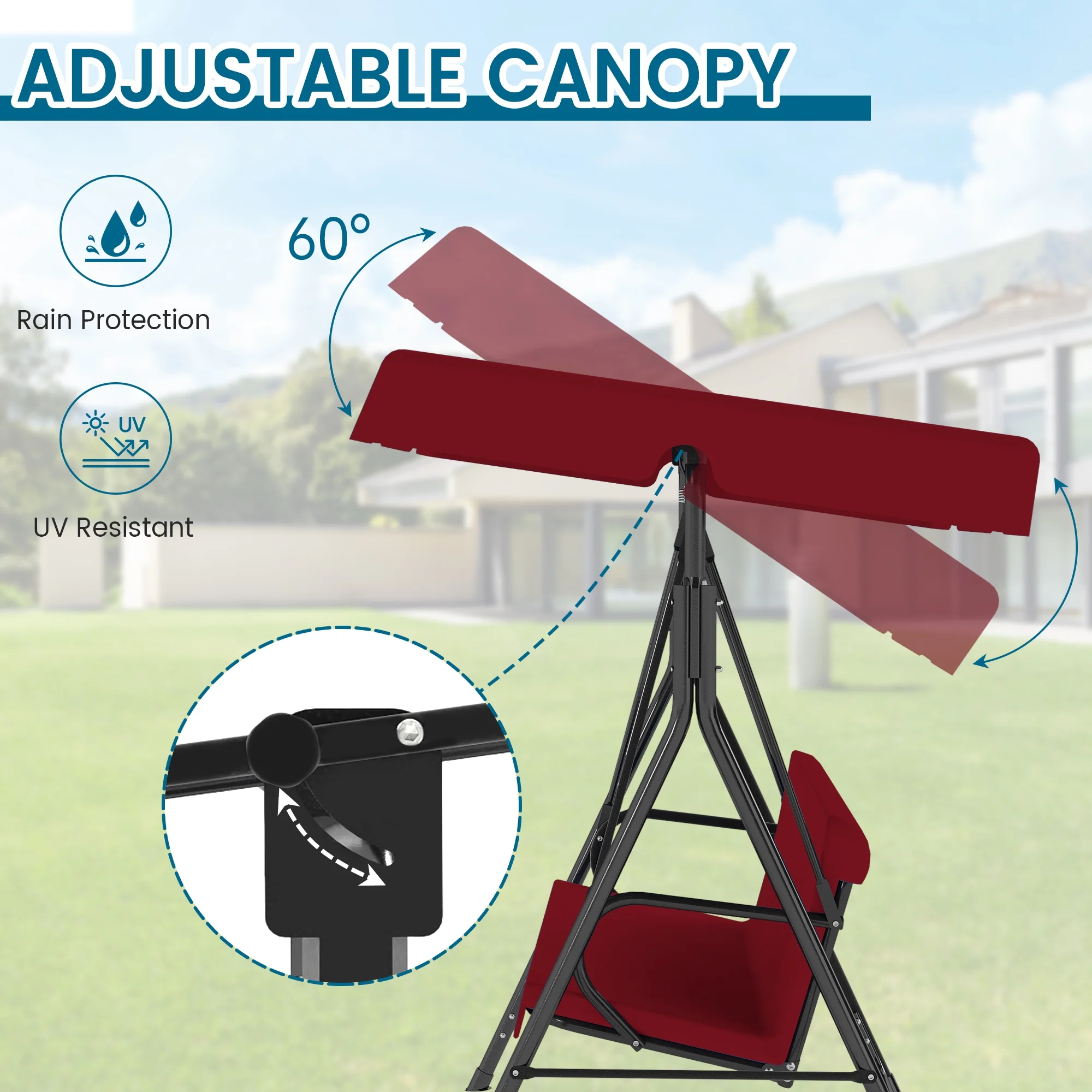 Melocadol 3 Seats Outdoor Porch Swing Glider, Patio Swing Chair with All Weather Covered Canopy and Rust Proof Heavy Duty Stand, for Garden, Lawn, or Backyard, Black