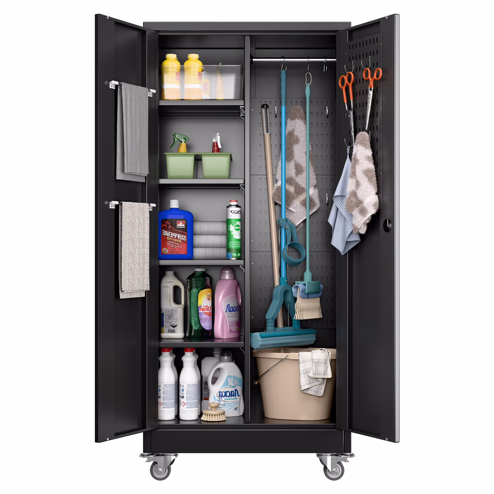 GangMei 71-Inch Metal Lockable Storage Cabinet with Pegboards and 5 adjustable shelves, White, Assembly Required