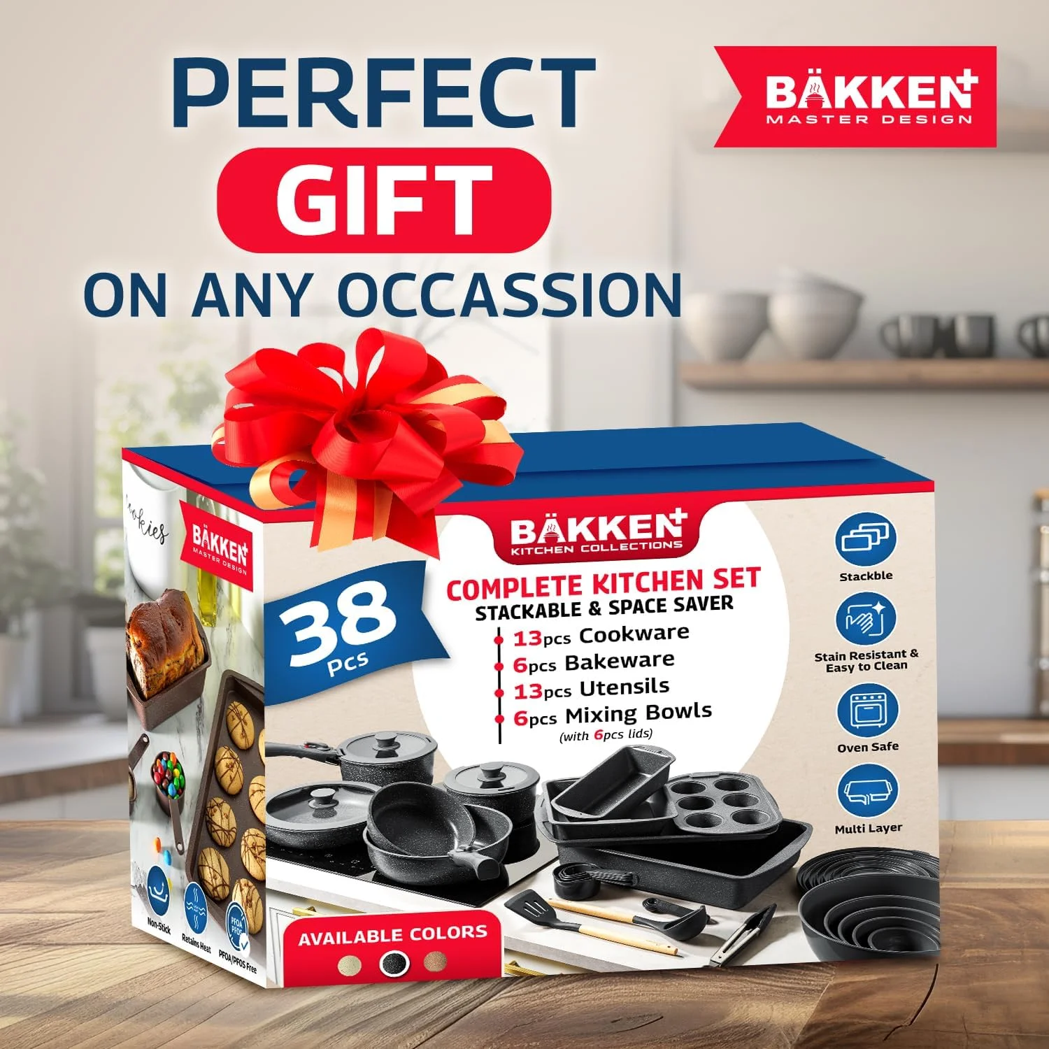 Bakken Master 38 Piece Granite Cookware and Bakeware Set -C Nonstick Granite Coating, Pots and Pans with Detachable Handles and Tempered Glass Lids, 6-piece Bakeware set, 12-piece Mixing Bowls,Brown