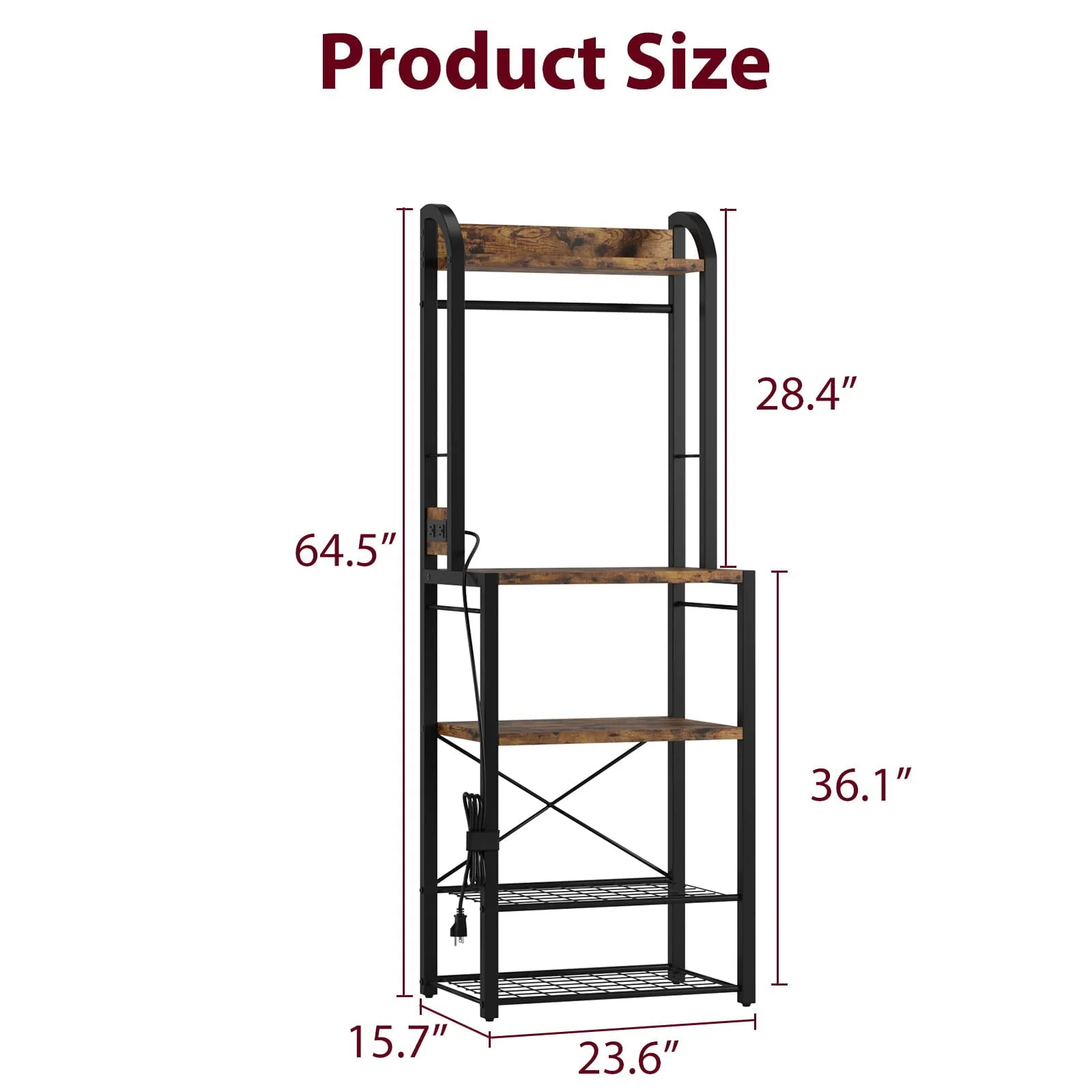 Oyang Bakers Rack with Power Outlet, Industrial Microwave Stand with Metal Wire Panel, Kitchen Storage Rack with 8 Hooks