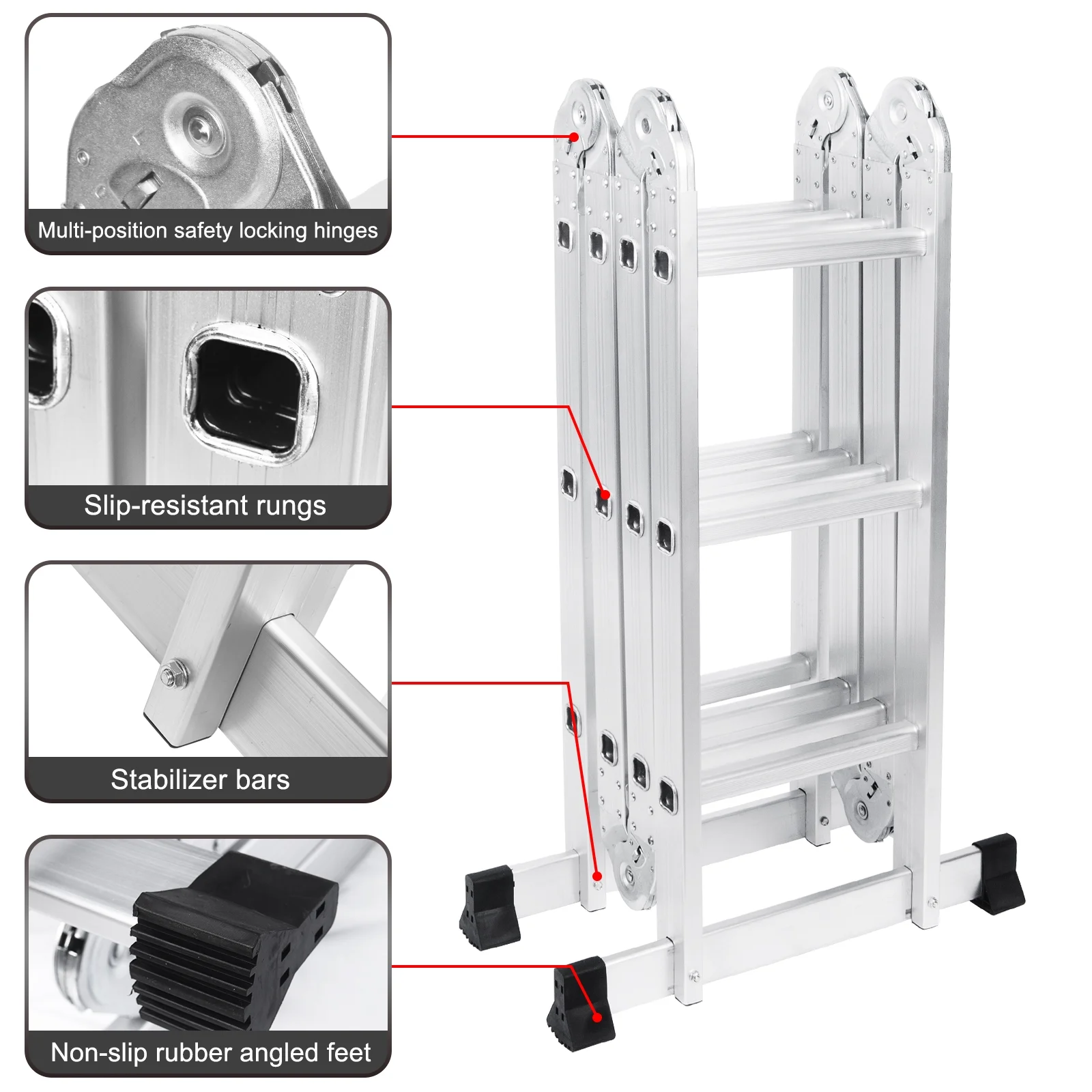 BETISEF 12.5ft 7 in 1 Multi-Purpose Ladder, Folding Aluminium Extension Ladder w/Anti-Slip Feet, EN 131 Standard 330LB Capacity