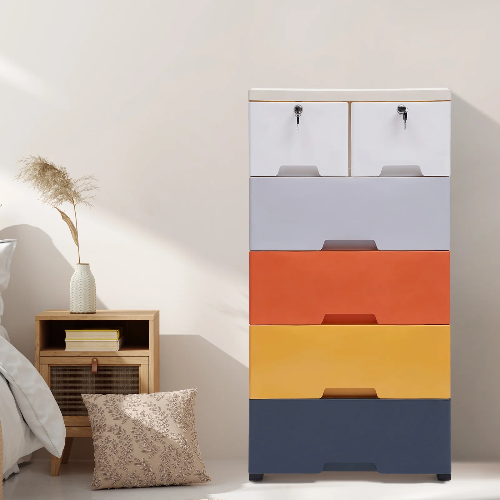 Peakora Multi-color Storage Cabinet with 6 Drawers, Closet Drawers with Two Drawers with Locks, Tall Dresser Organizer for Clothes, Playroom, Bedroom Furniture