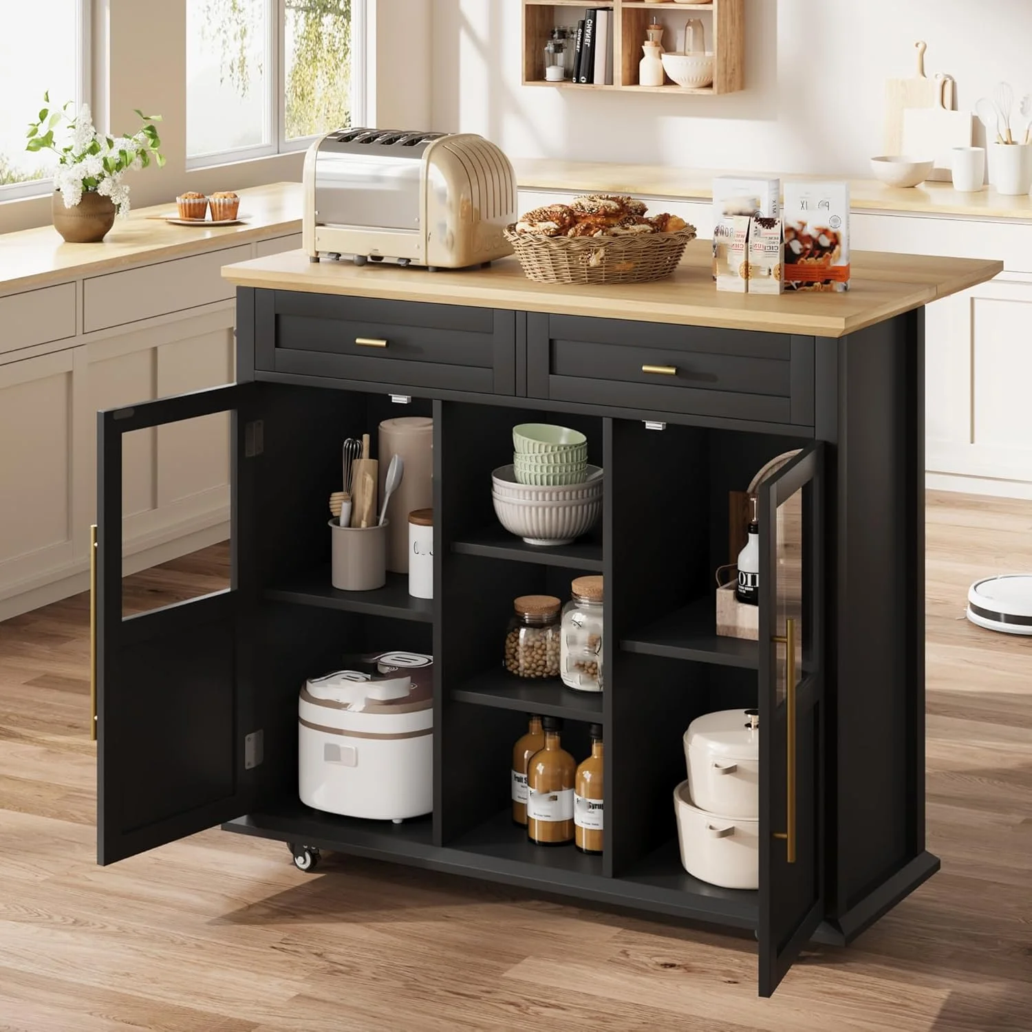 WALYWIK Foldable Kitchen Island Cart with Wheels, 2 Glass Doors, Spice Rack & Towel Holder -C Compact Mobile Storage Cart for Small Kitchens, Dining Rooms, Camping & RVs - Grey