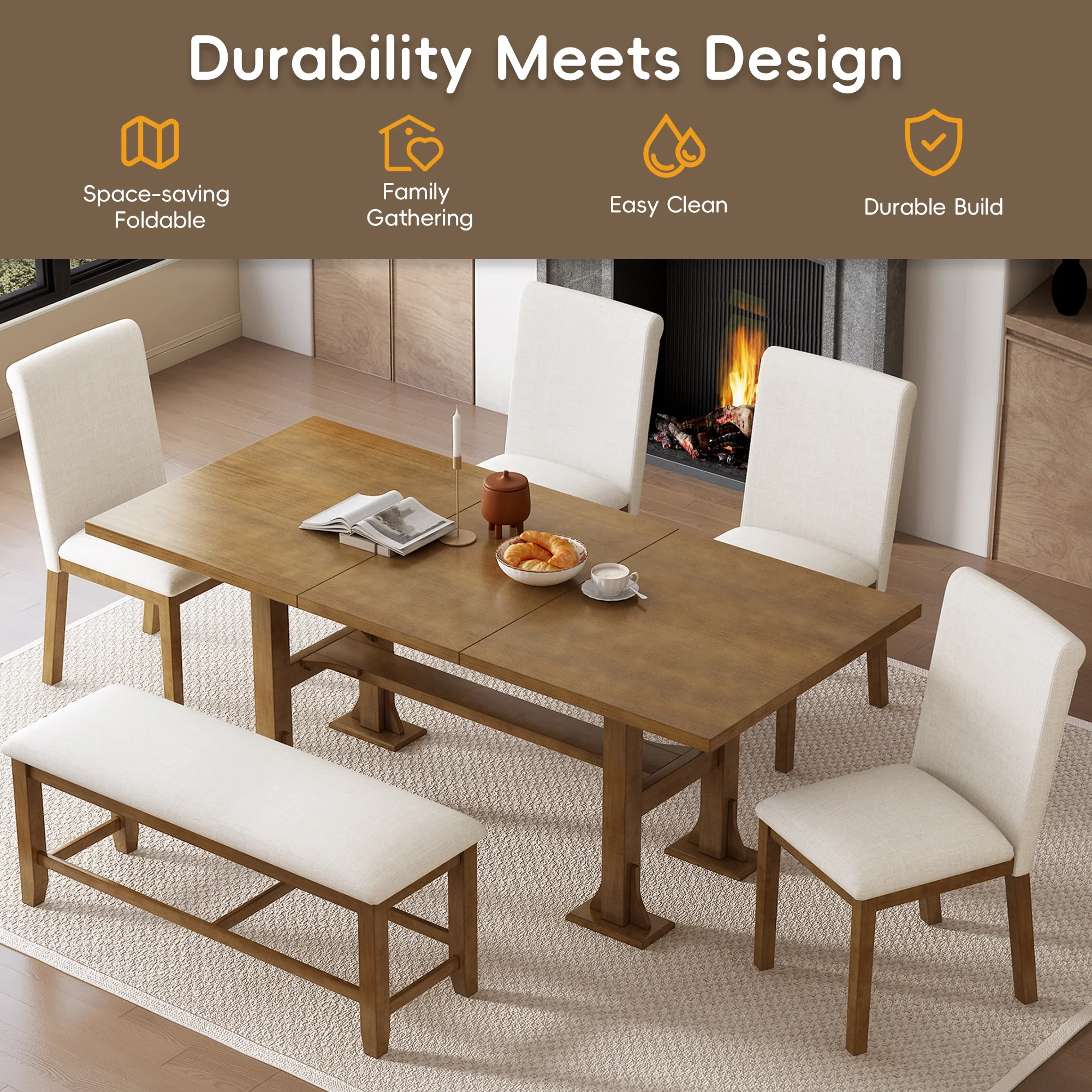 Harper & Bright Designs 6 Pieces Dining Table Set with Bench for 6, Kitchen Table Set with Storage Drawer and 4 Upholstered Dining Chairs, Dark Brown