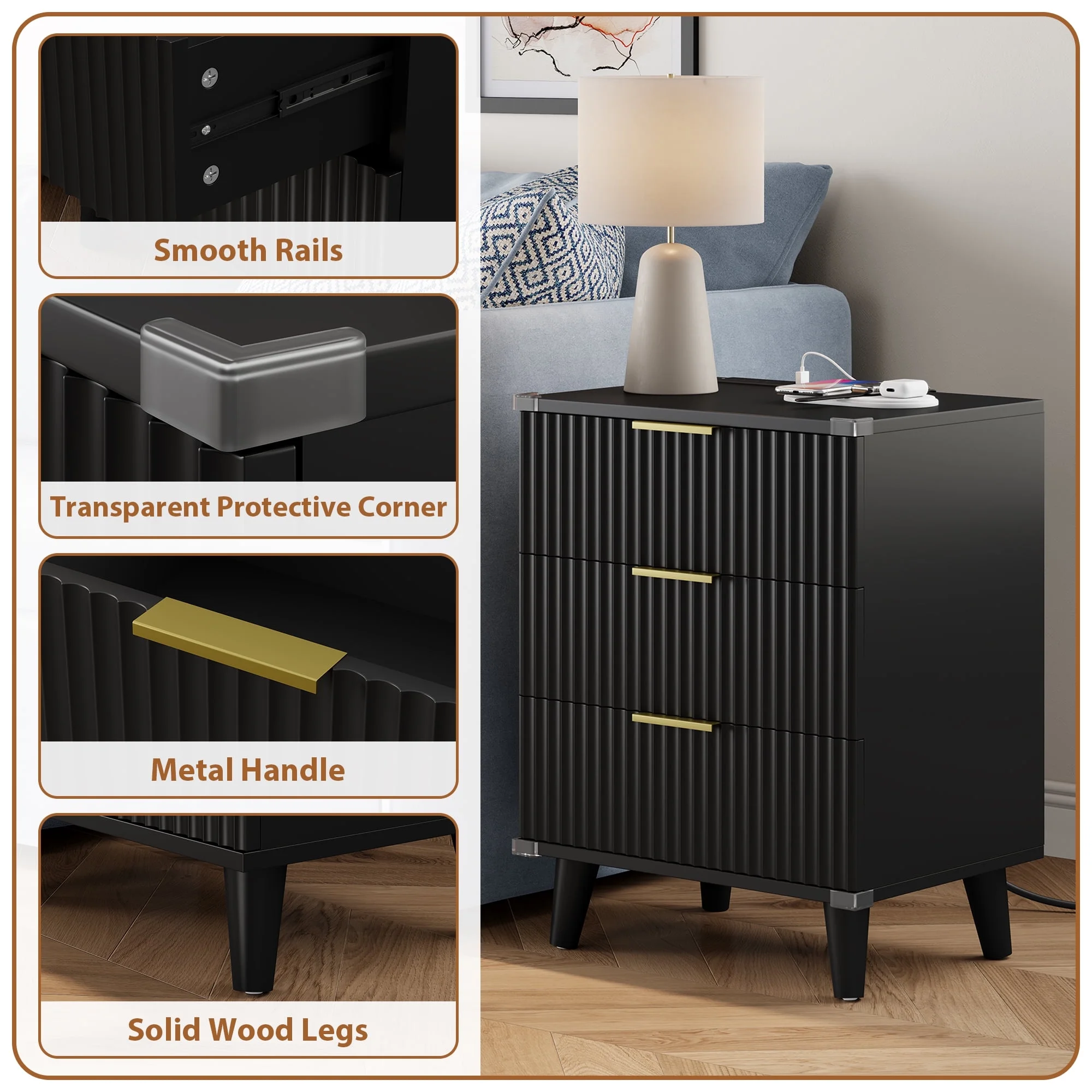 Laintene 3-Piece Boho Bedroom Set - 6-Drawer Dresser & 2 Nightstands with 3 Drawers & USB Charging, Fluted Wooden Storage, Modern Dresser & Nightstand Combo, Natural