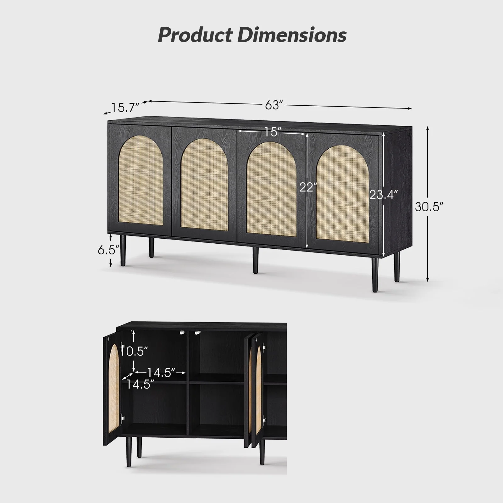 14 Karat Home 63" Wooden Sideboard 4 Doors Kitchen Storage Rattan Cabinet Living Room Adult Black
