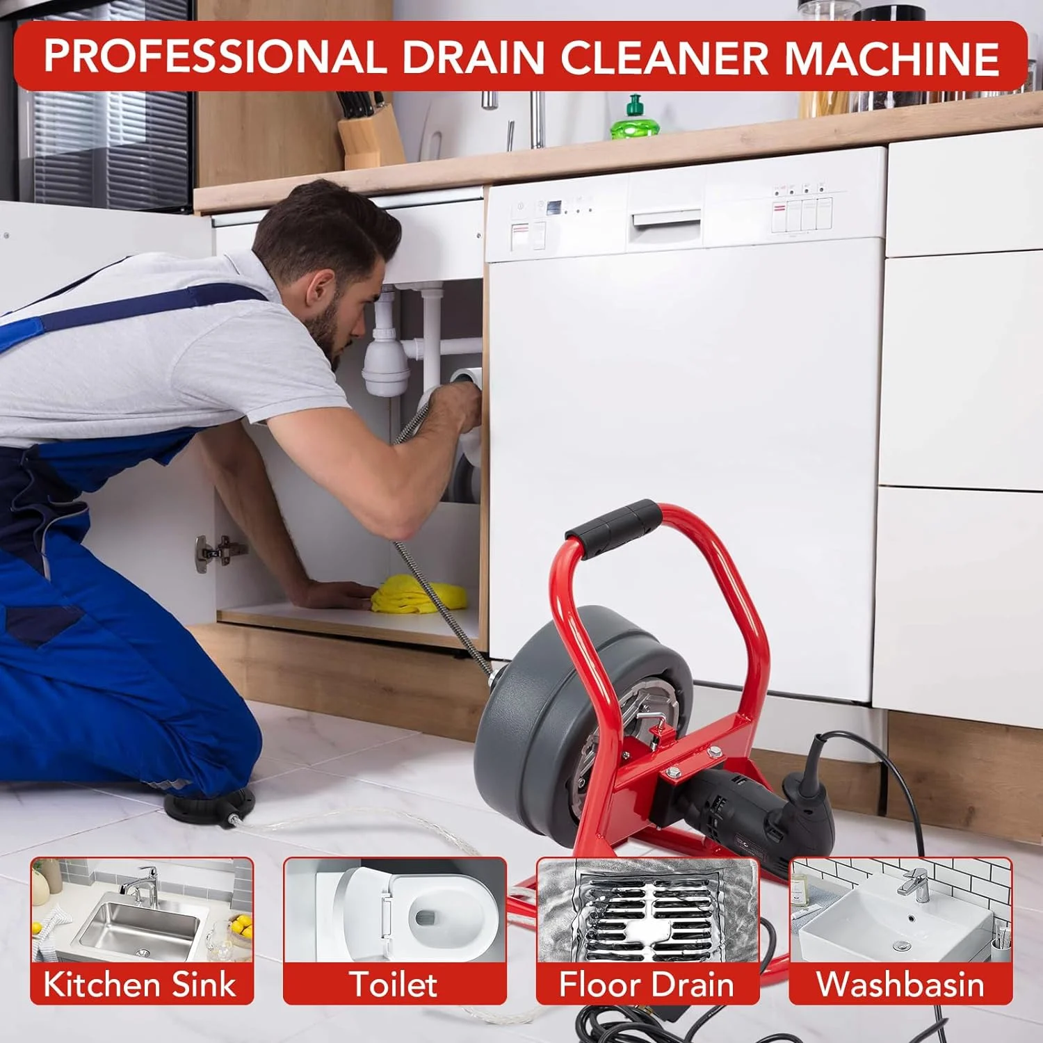 AOILE Drain Cleaning Machine 75Ft x 1/2 in, Electric Drain Auger for 2-4 Inch Pipes with Cutters & Glove