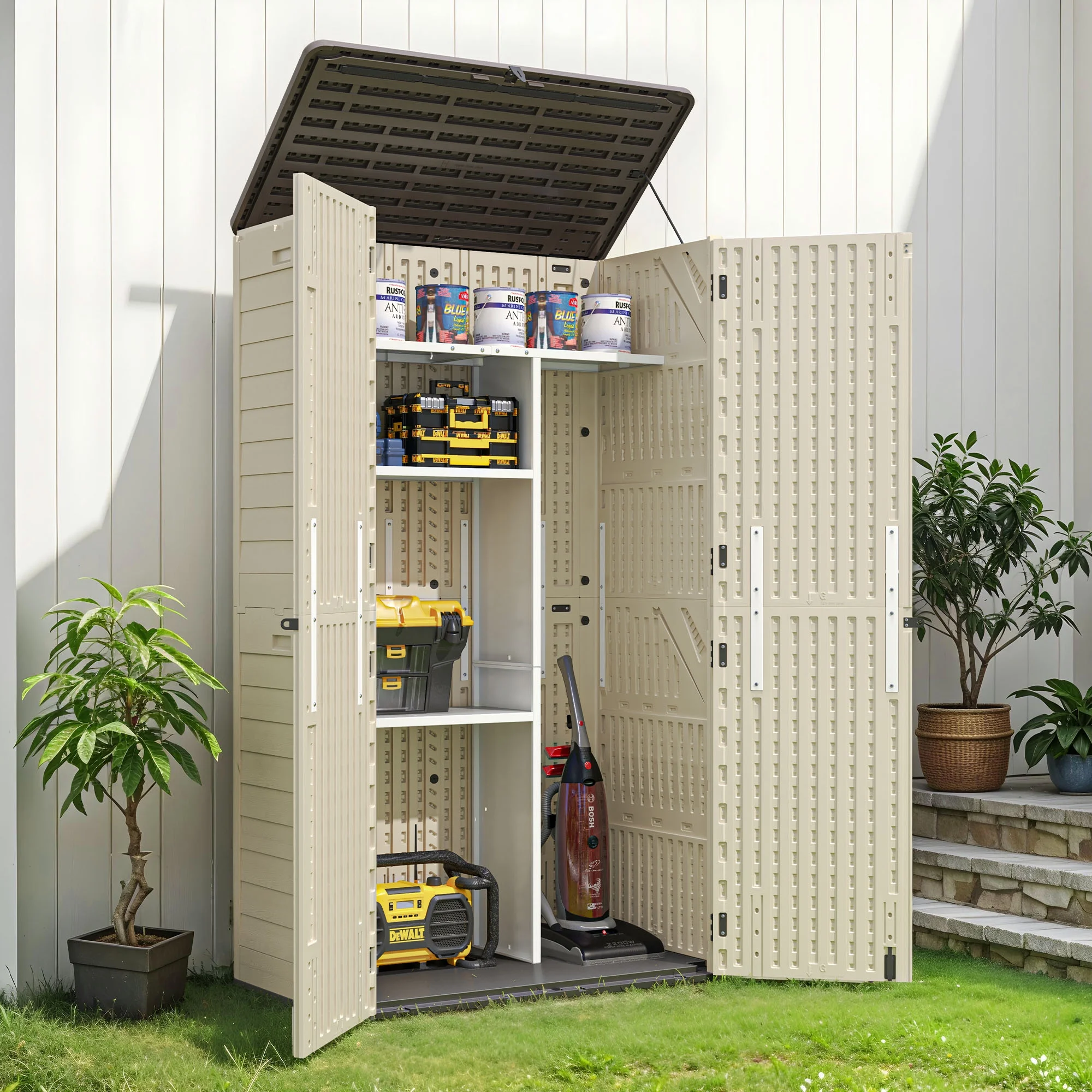 Wooflex 6.7 ft Tall Garage Cabinet with Lockable Double Doors, Resin Storage for Cleaning Supplies, Vacuums, Portable Household Organizer, Woodgrain Brown