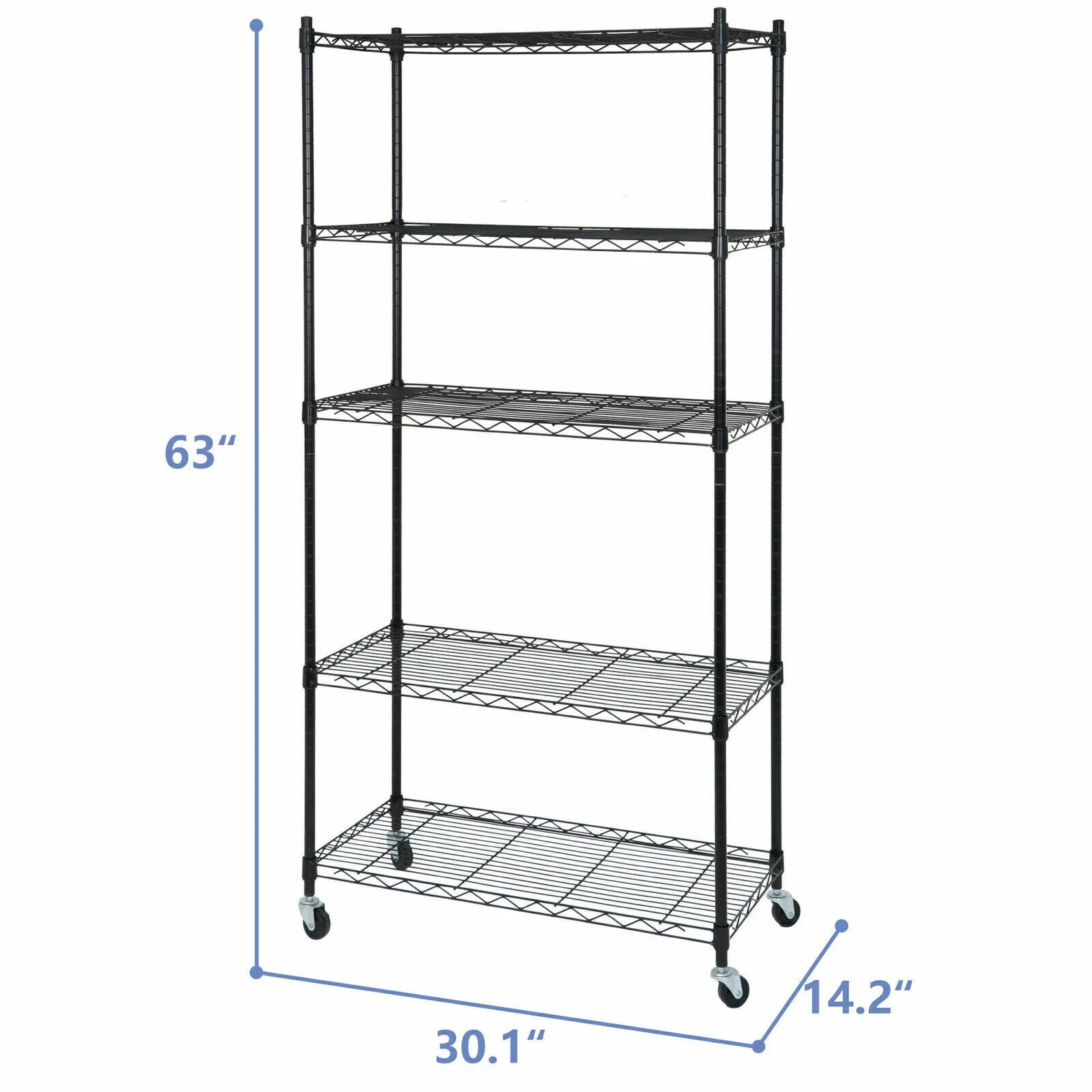 Brezey Set of 2 5-Shelf Wire Tier Layer Shelving Units with 4 Rolling Wheel Casters - Heavy-Duty Space-Saving Storage Solution, Dimensions: 30.1-(L)x14.2"(W)x63"(H)