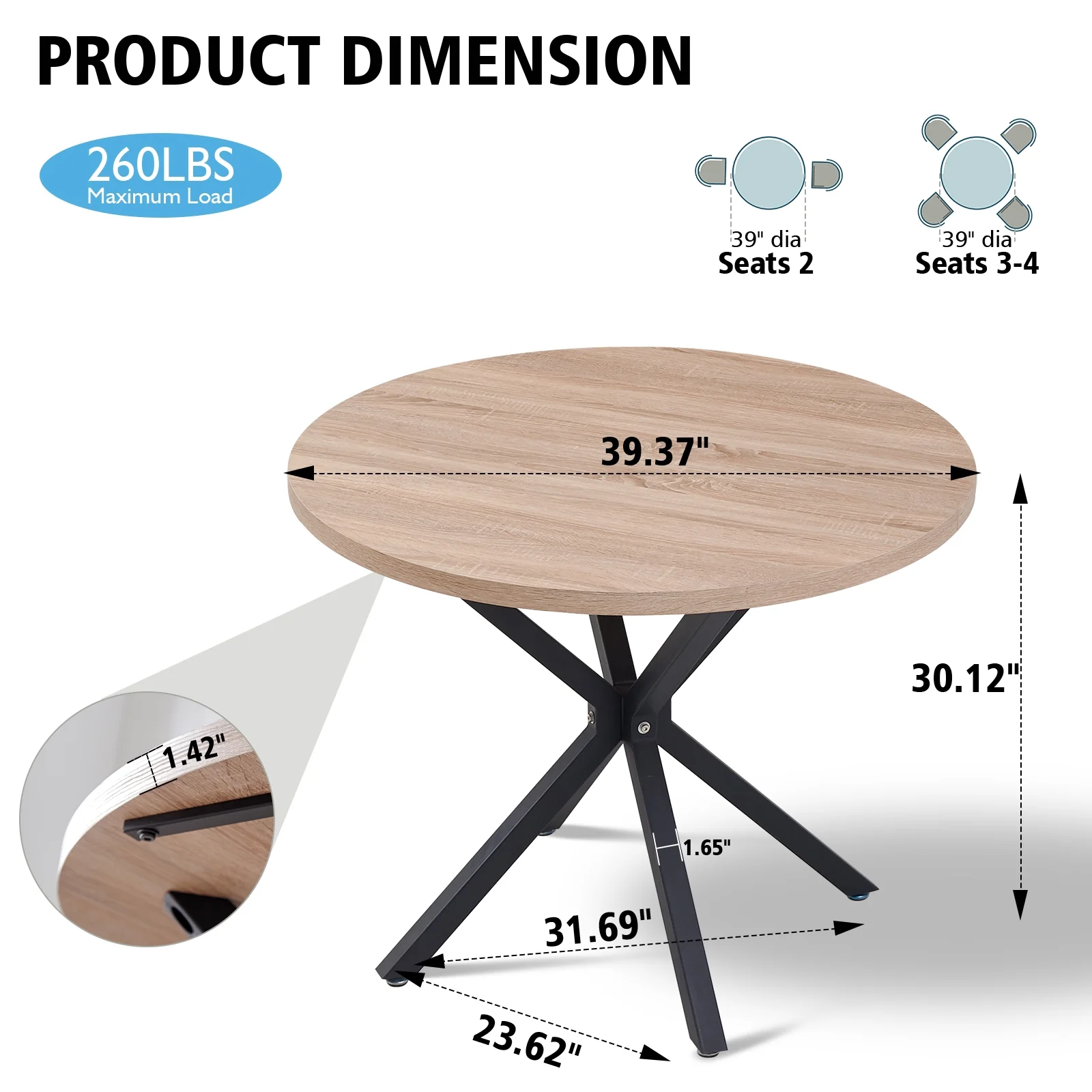 39- Round Dining Table, Modern Small Kitchen Table for 4 with X-Shaped Metal Legs and 1.2" Thickness Tabletop for Kitchen Dining Room, Coffee Table, Oak