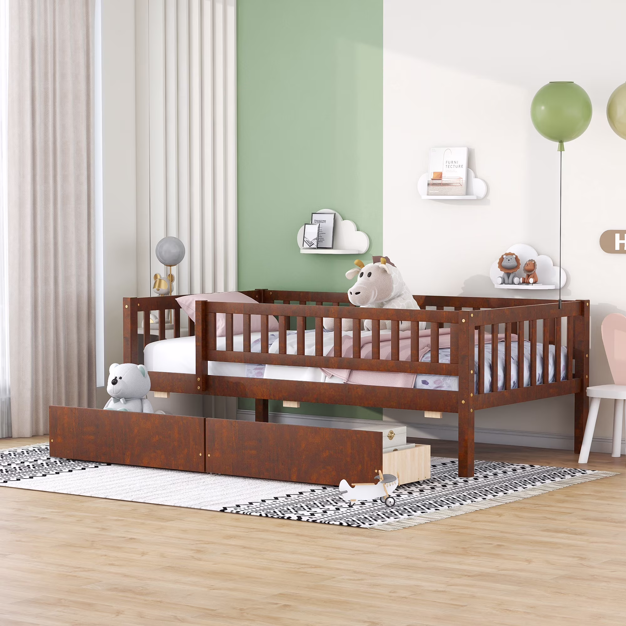 Holaki Twin Size Wood Bed with Guardrails and 2 Storage Drawers for Kids, Gray
