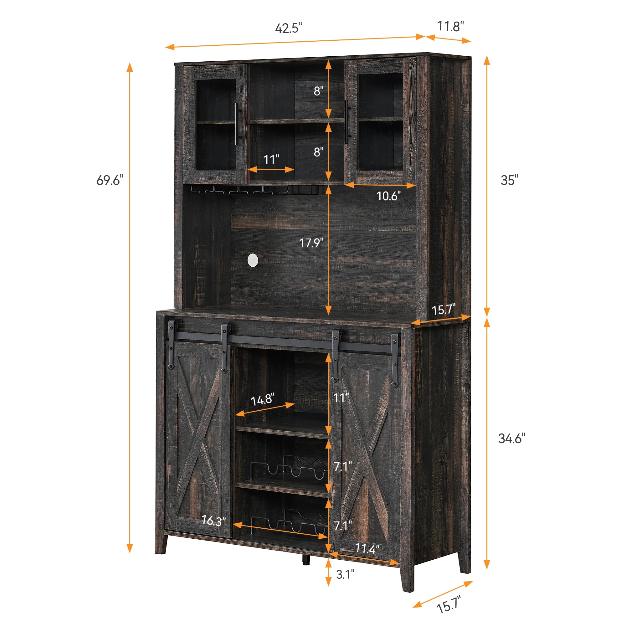 Farmhouse Bar Cabinet with Storage, Kitchen Buffet Cabinet with Sliding Barn Door and 3 Drawers, Coffee Bar with Wine and Glass Rack for Kitchen, Dining Room, White