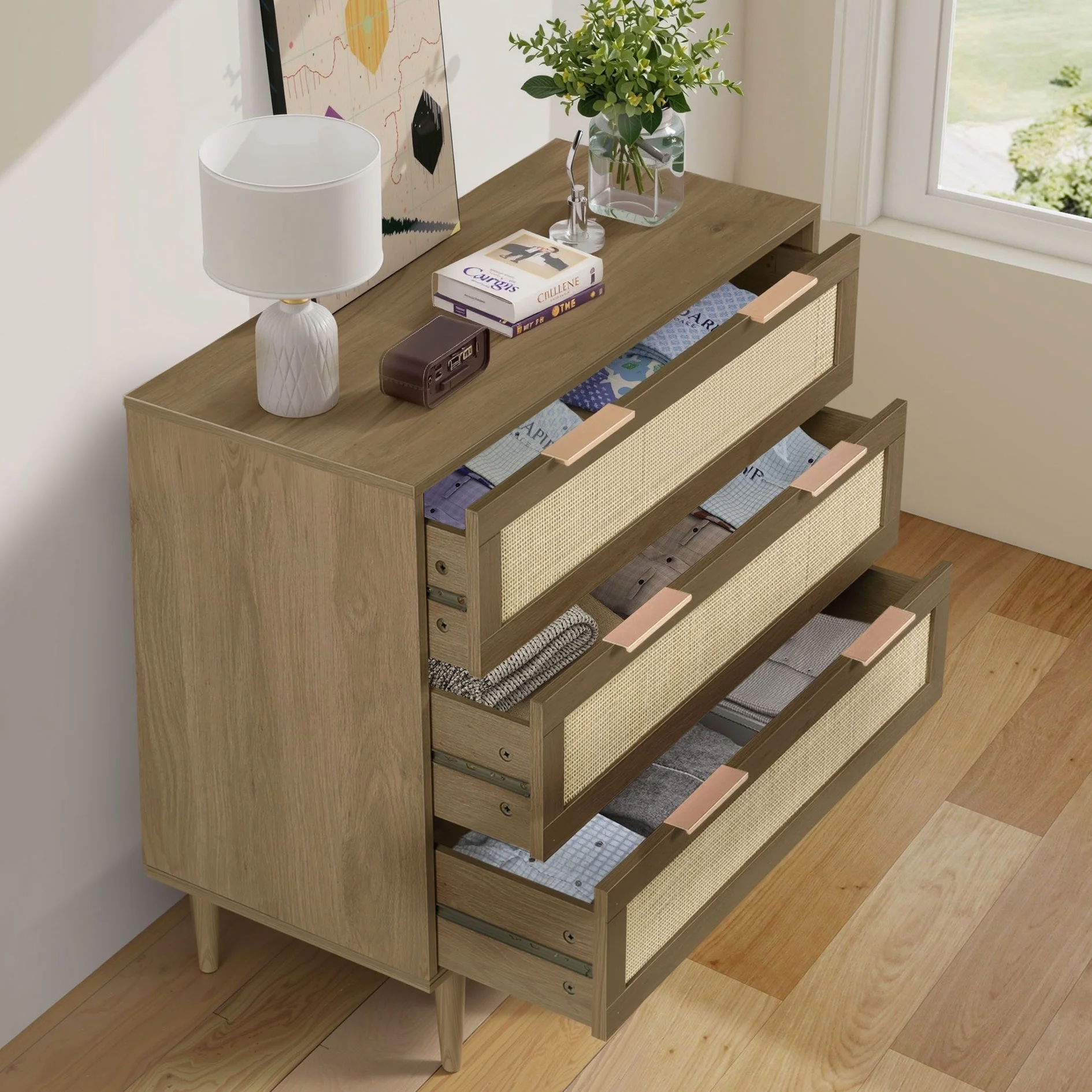 LAZZO 3 Modern Drawer Dresser Rattan, Wooden Dresser Chest of Large Storage Cabinet