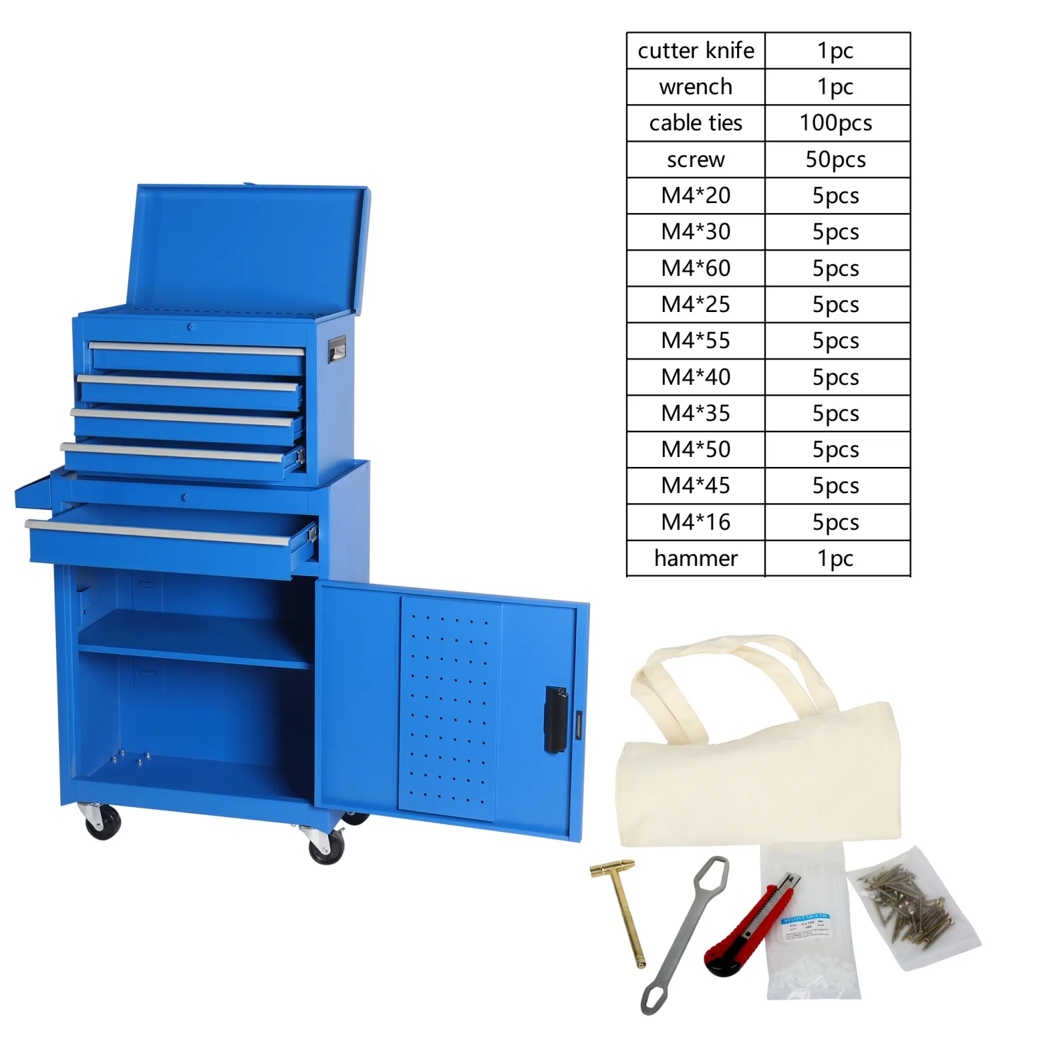 Heavy-Duty Metal Tool Storage Cabinet 5-Drawer Rolling with Detachable Top Box, Lockable Wheels & Adjustable Shelves, Secure Locking Mechanism, Space-Saving Design for Garage Workshop & Home Use