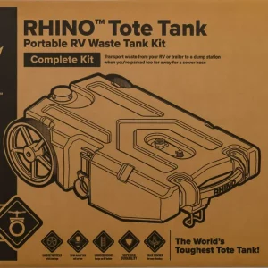 Camco Rhino Heavy Duty 28 Gallon Portable RV Waste Holding Tank with Hose and Accessories Durable Leak Free and Odorless RV Tote Tank (39004)