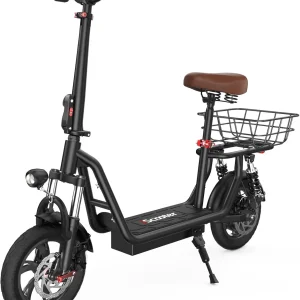 iScooter electric scooter with seat, 37/21 mile range, 28/19/15.6 mph top speed, dual suspension scooter with basket