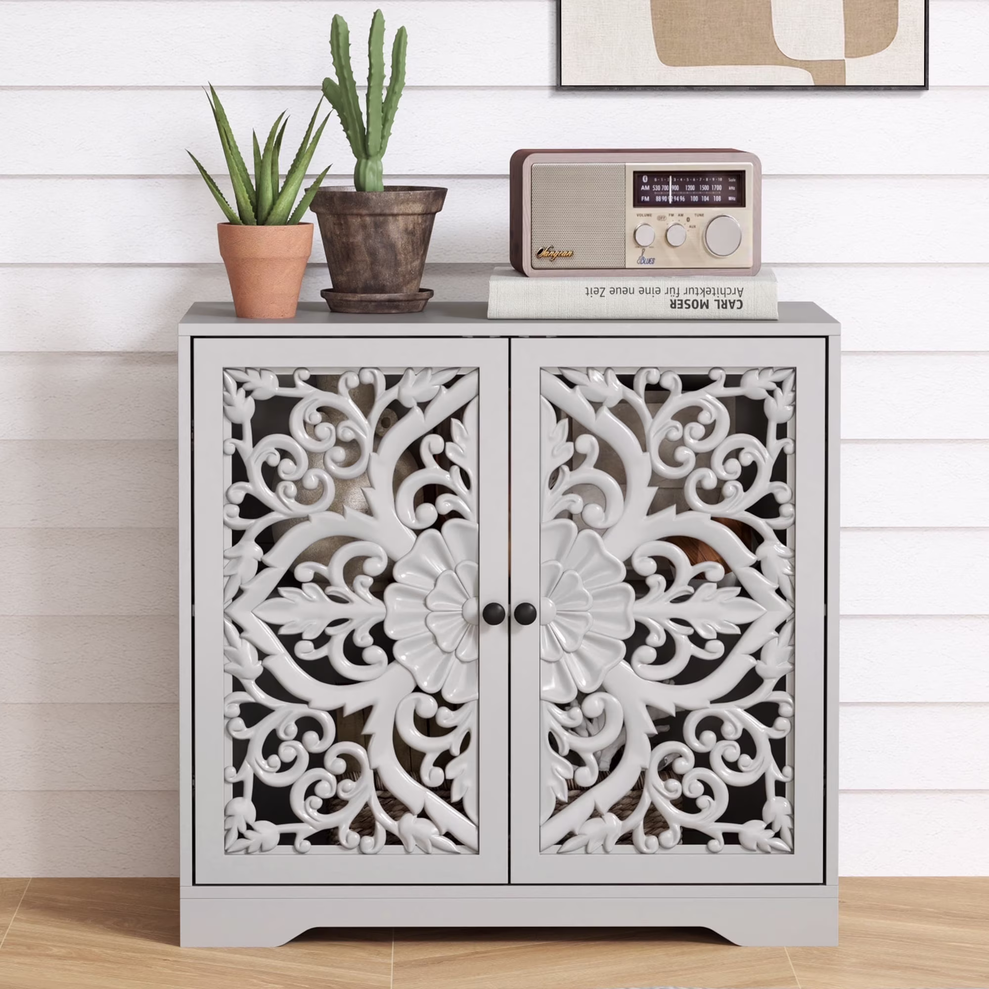 Accent Cabinet with Hollow Carved Door for Entryway Hallway, Blue Sideboard Buffet Cabinet, Storage Cabinet for Living Room