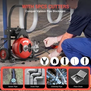 Drain Cleaner Machine 75Ftx1/2Inch,450W Portable Drain Cleaning Machine with 6 Cutters,Gloves,Portable Electric Drain Auger Cleaner for 2" to 4" Pipes