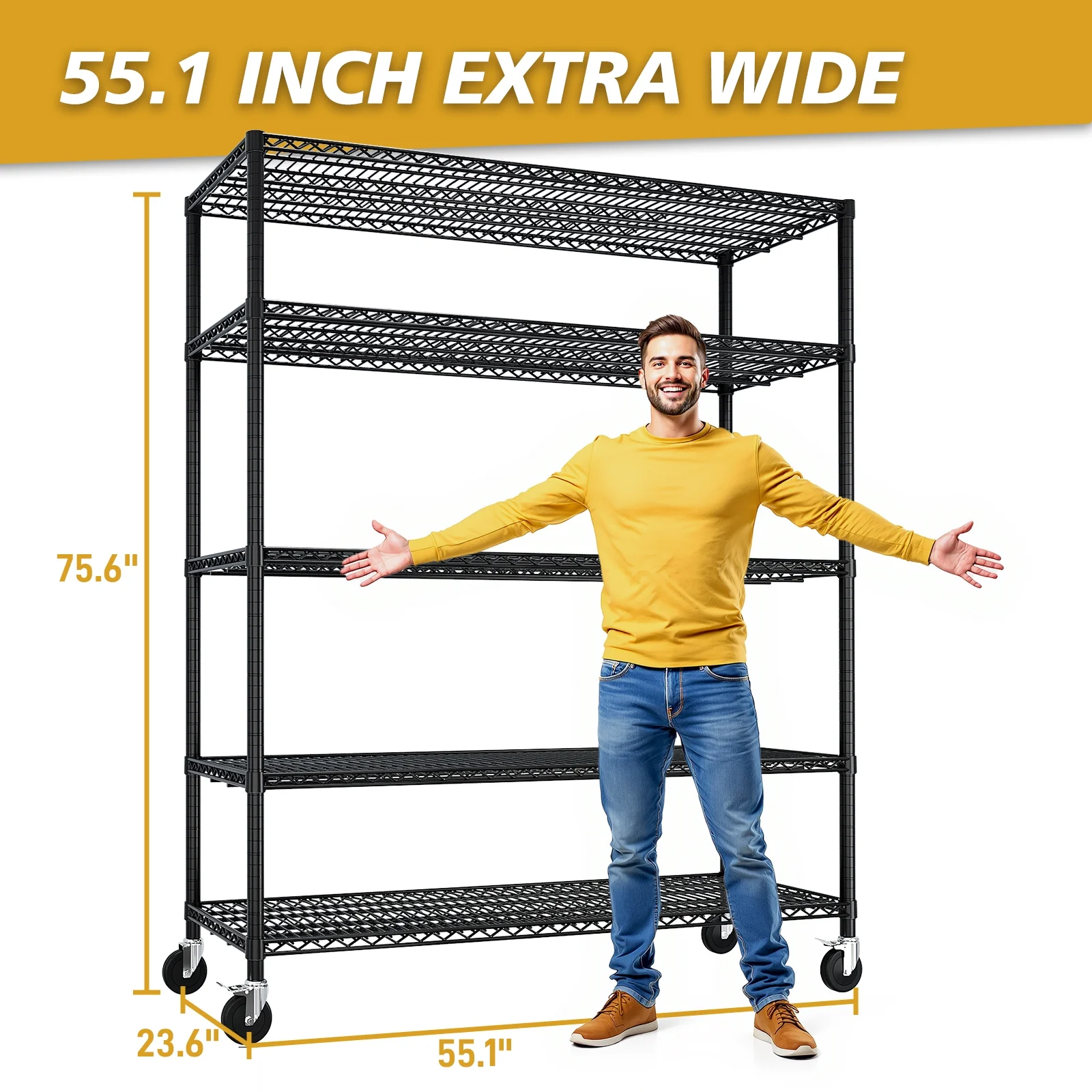Ktaxon 4 Tier Wire Shelving with Wheels, 46"W x 17.7"D x 65"H Multifunctional Storage Rack Metal Garage Shelves Organizer, Capacity for 800lbs, Black