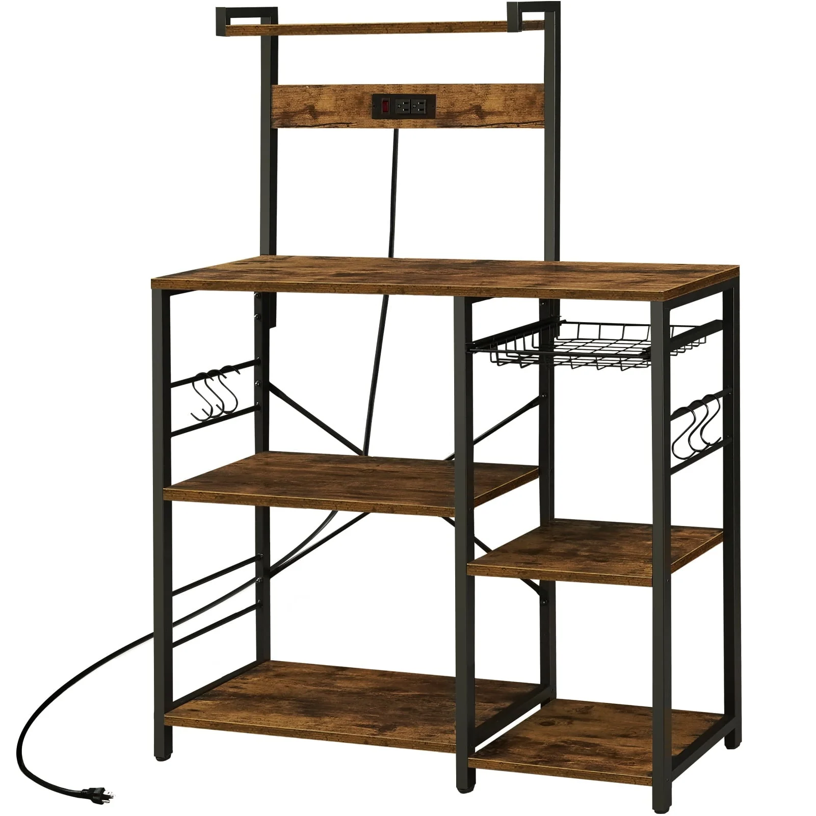 SUPERJARE Bakers Rack with Power Outlet, Microwave Stand, Coffee Bar with Wire Basket, Wood Kitchen Storage Rack with 6 S-Hooks, Kitchen Shelves for Spices, Pots and Pans, Vintage Brown