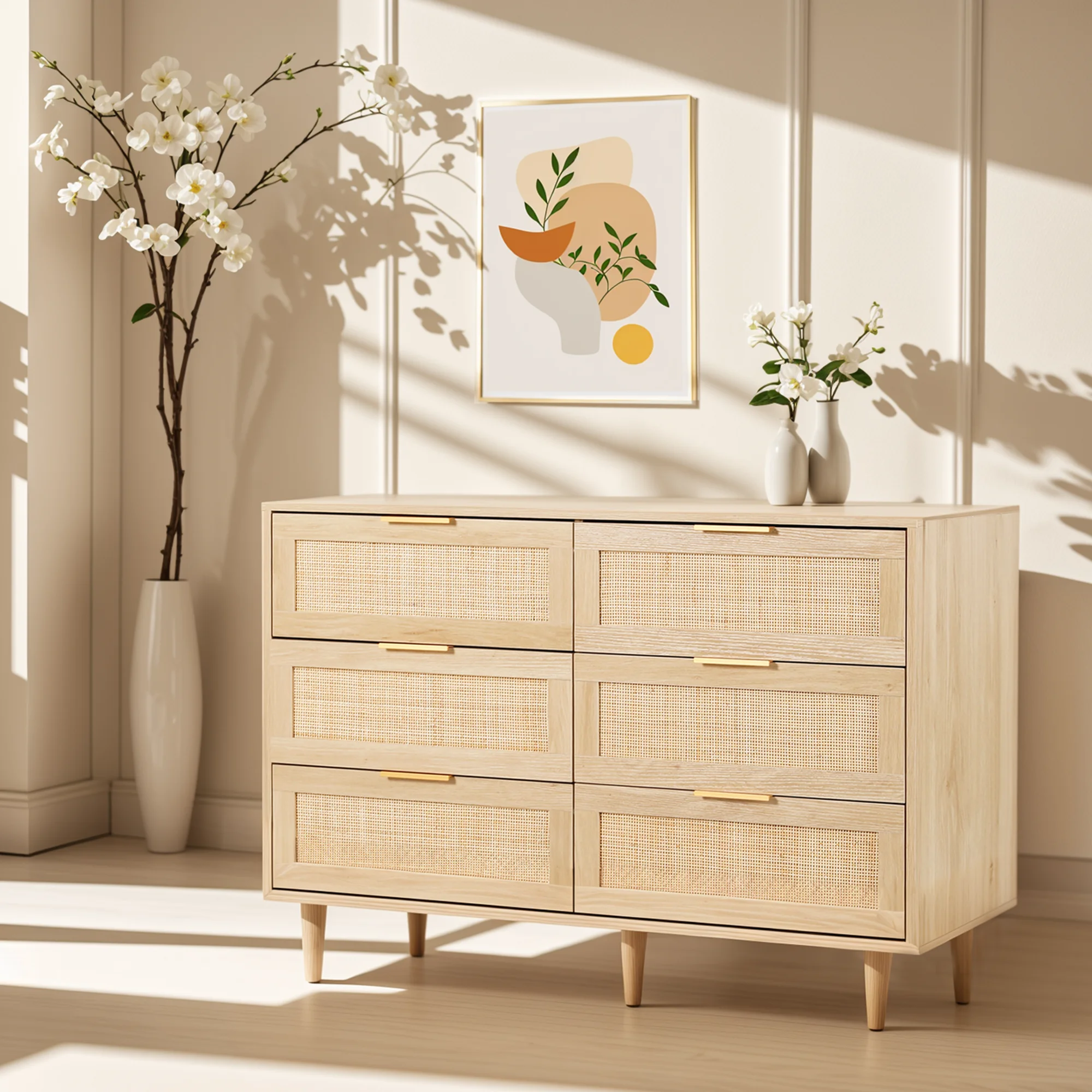 LAZZO 3 Modern Drawer Dresser Rattan, Wooden Dresser Chest of Large Storage Cabinet